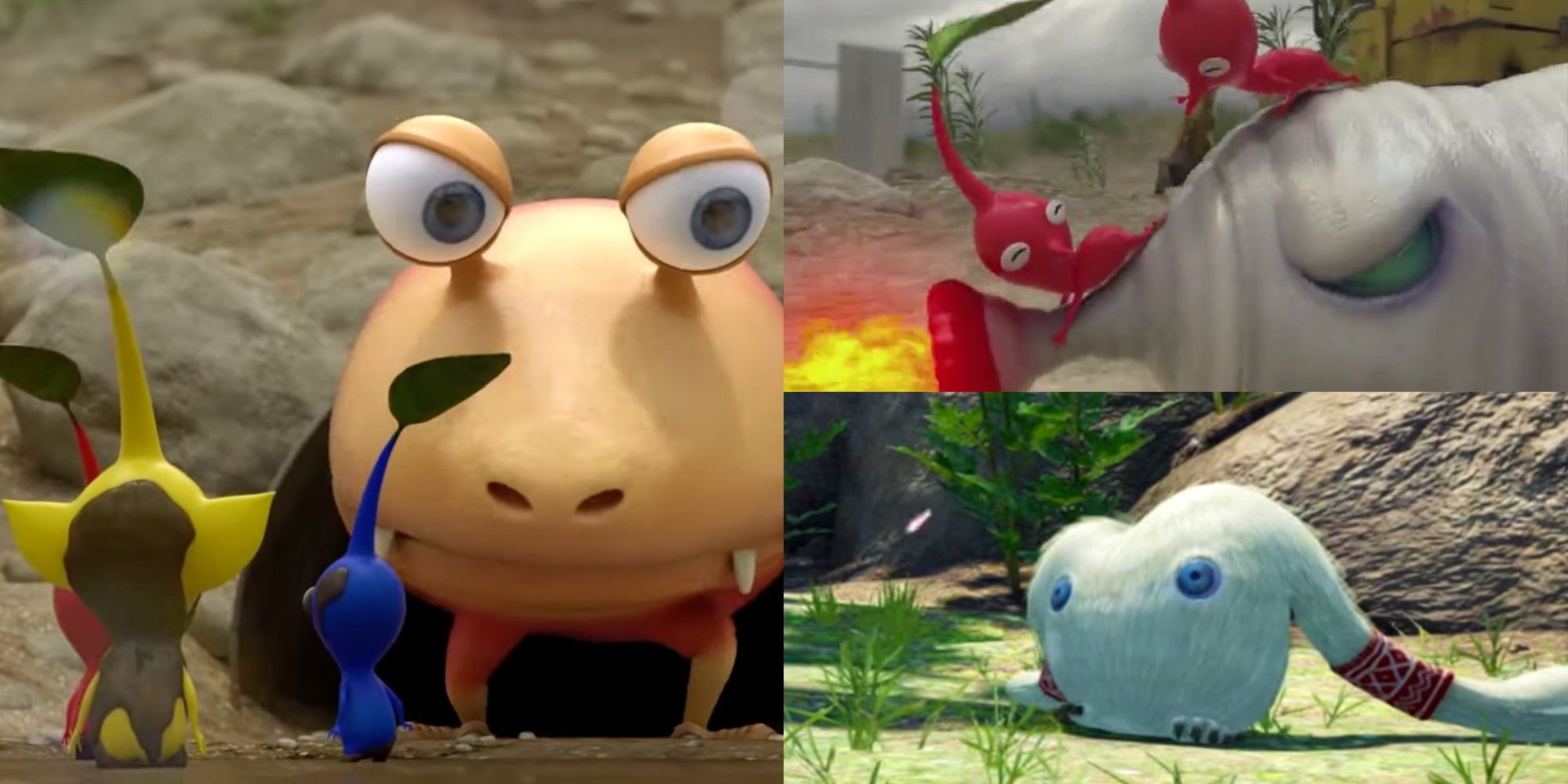 Spotted Bulborb left, Fiery Blowhog Top Right, Mamuta Bottom Right