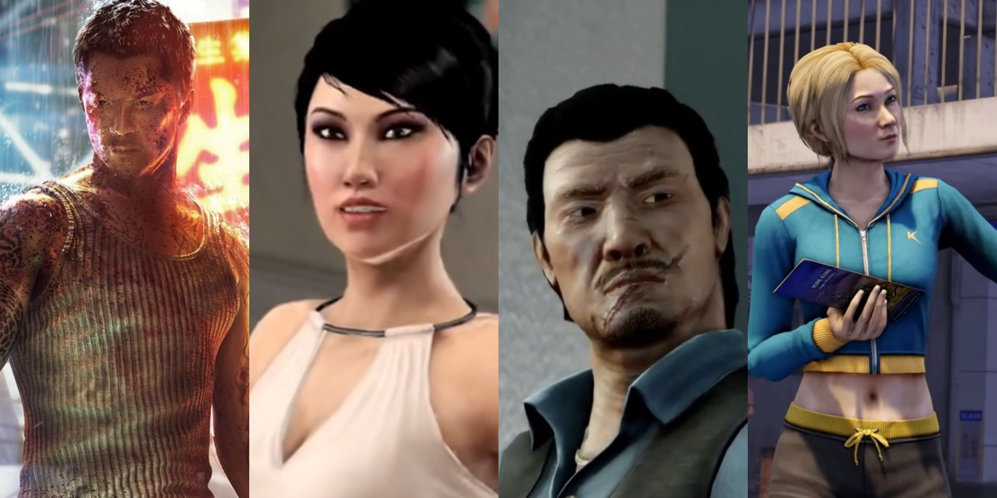 A four-image collage of Will Yun Lee's Wei Shen as appearing on art for Sleeping Dogs, Lucy Liu's Vivienne in a white dress, a scarred Tzi Ma's Big Smile Lee with a scar across his face, and Emma Stone's Amanda meeting up with Wei Shen.