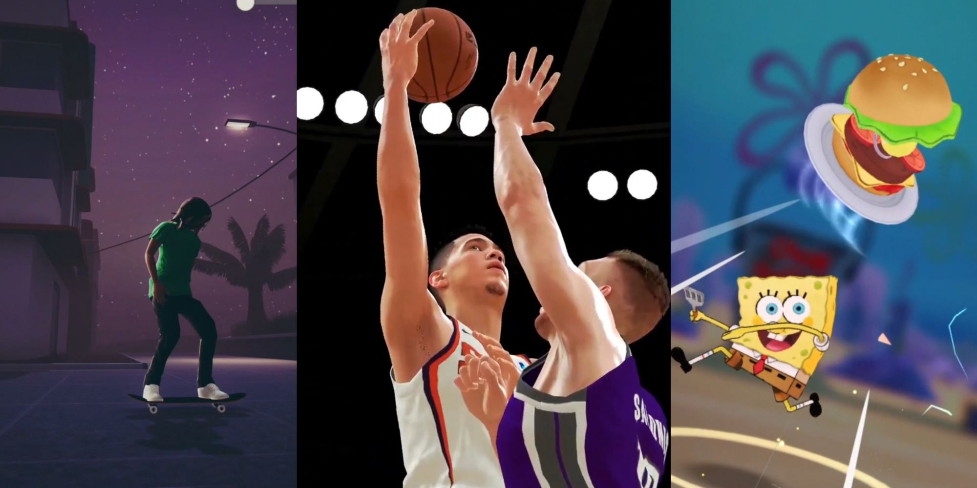 Collage of best sports game on Apple Arcade including screenshots of Skating, Basketball and Nickelodeon Tennis
