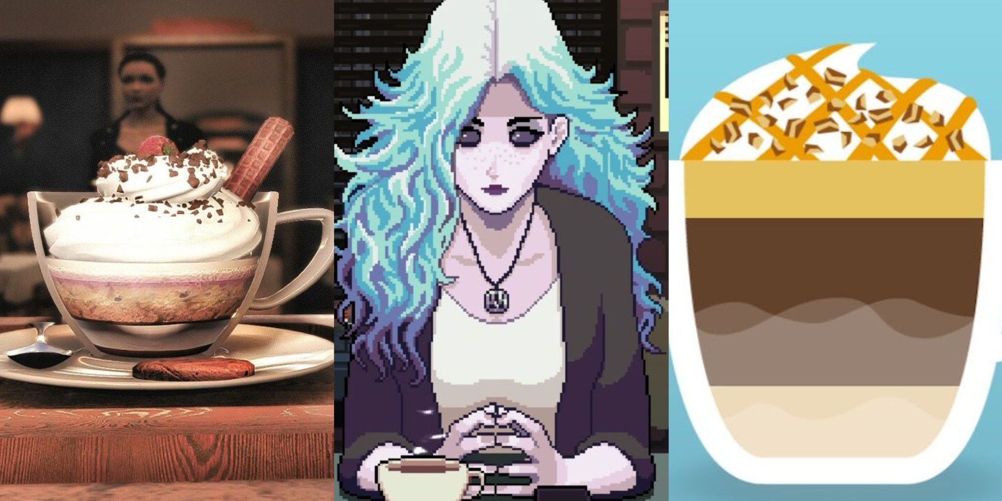 Collage of games where you make coffee - Coffee Talk 2, Espresso Tycoon, and Coffee Shop Tycoon