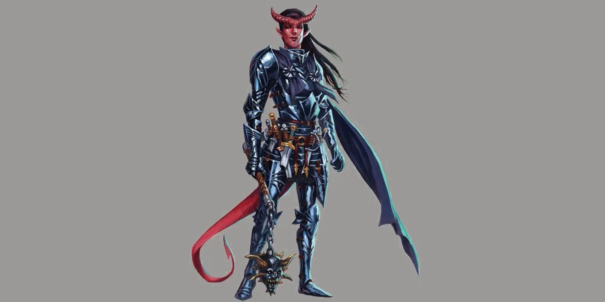 Conquest Paladin tiefling holding a morning star and in black armor