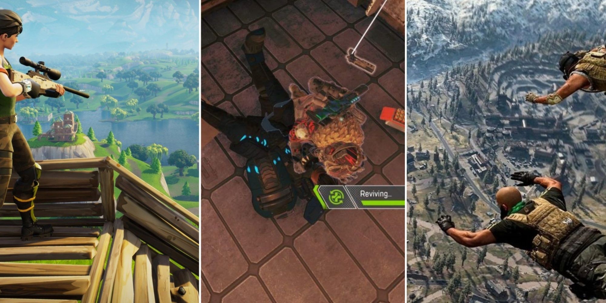 Titelbild für Profi-Battle-Royale-Tipps mit Standbildern aus Fortnite, Apex Legends und Warzone