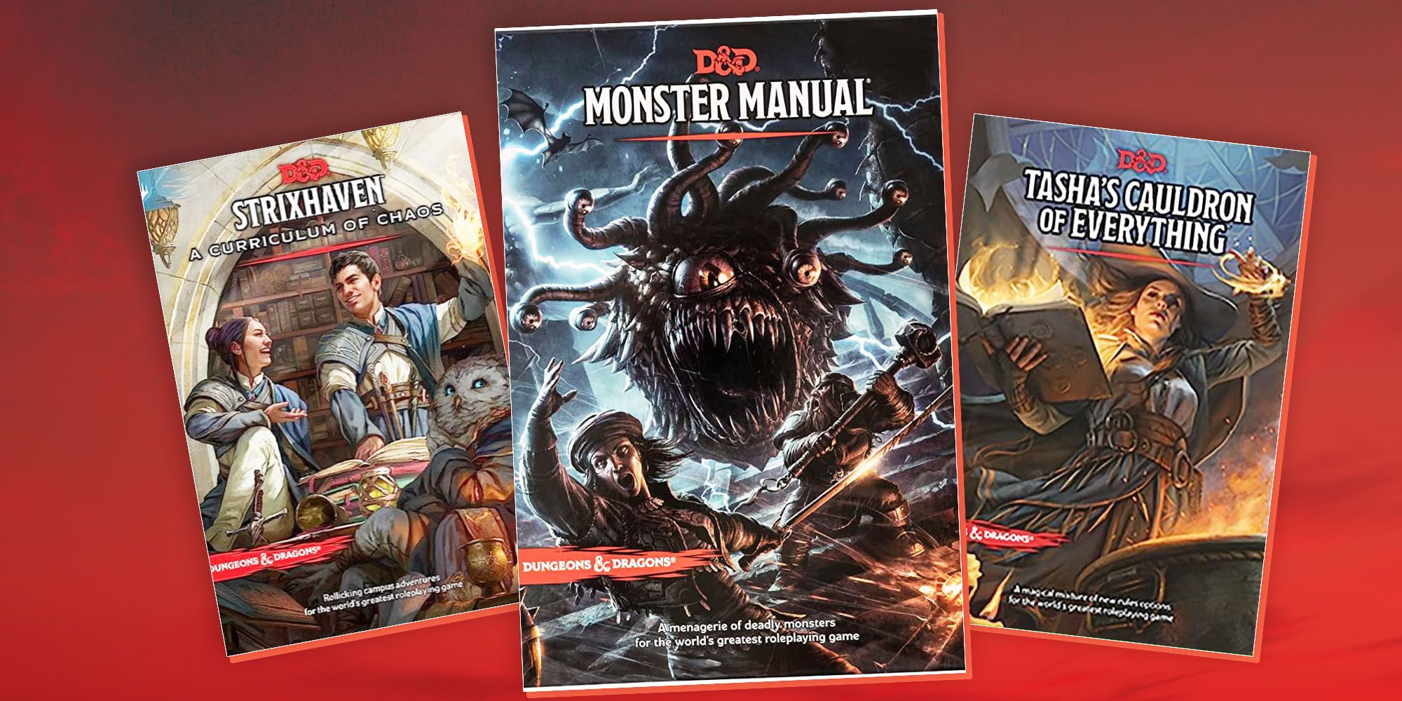 D&D sourcebooks Strixhaven, Monster Manual, Tasha's Cauldron front cover