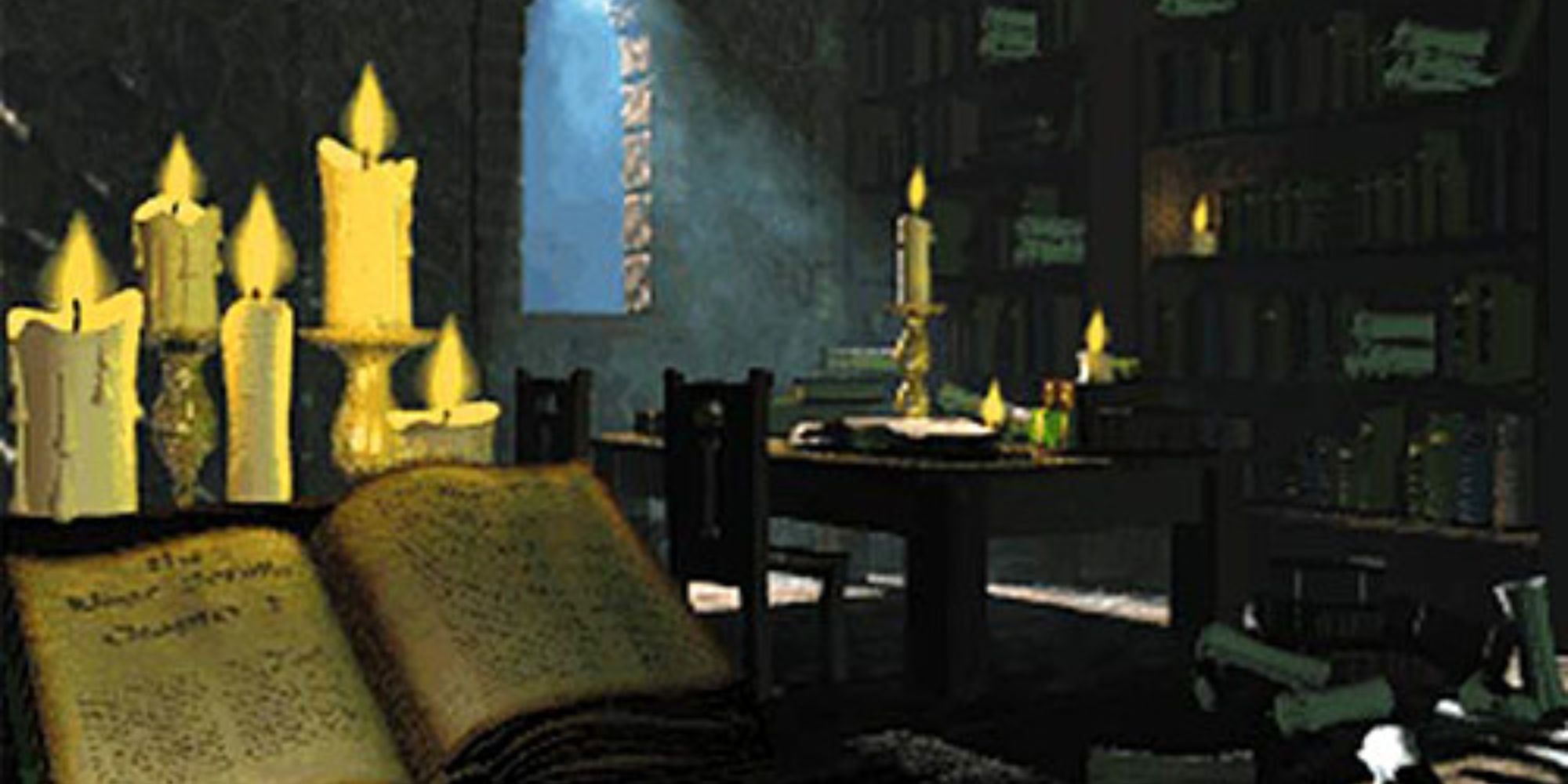 A dark room lit with many candles with a bookshelf at the back, table in the middle, and a book in front of the screen