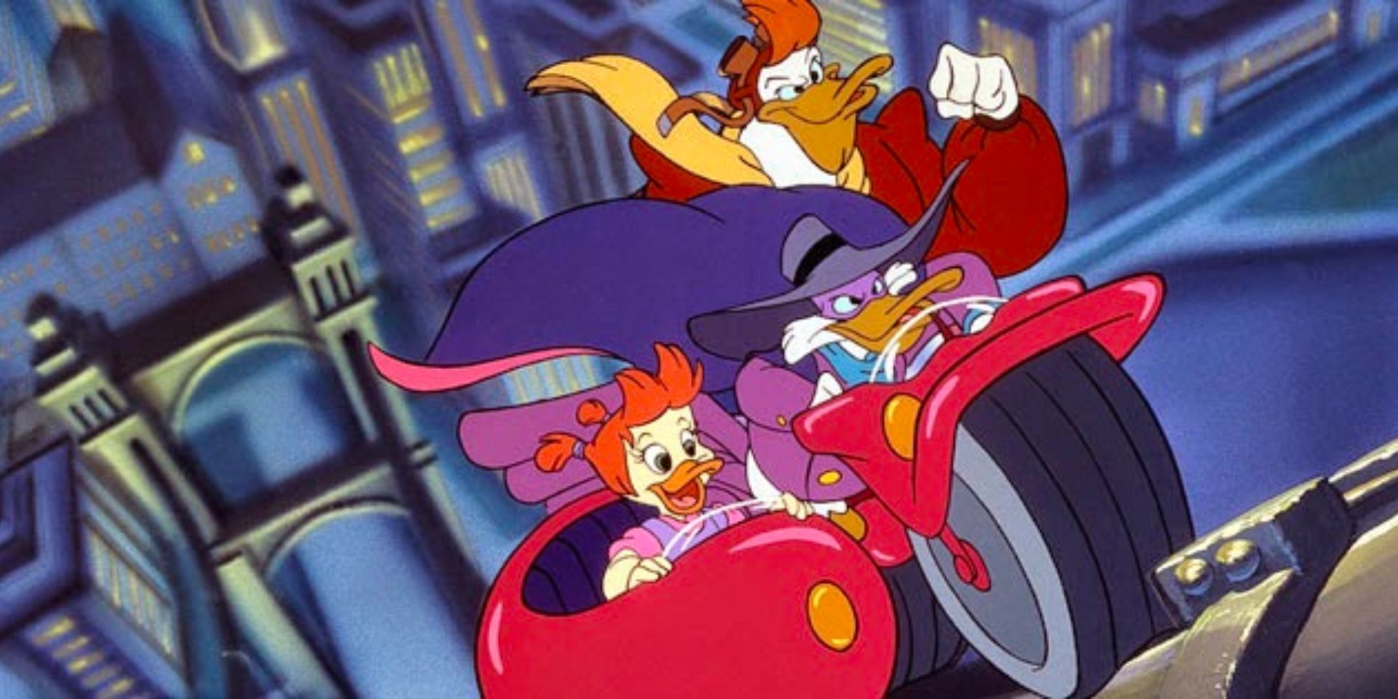 Darkwing Duck - Darkwing Duck on a Motorcycle with Launchpad McQuack and Gosalyn Mallard