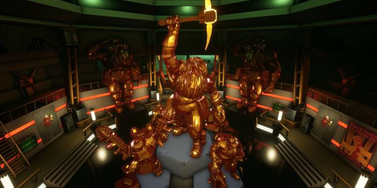 Various golden statues of dwarves in Deep Rock Galactic