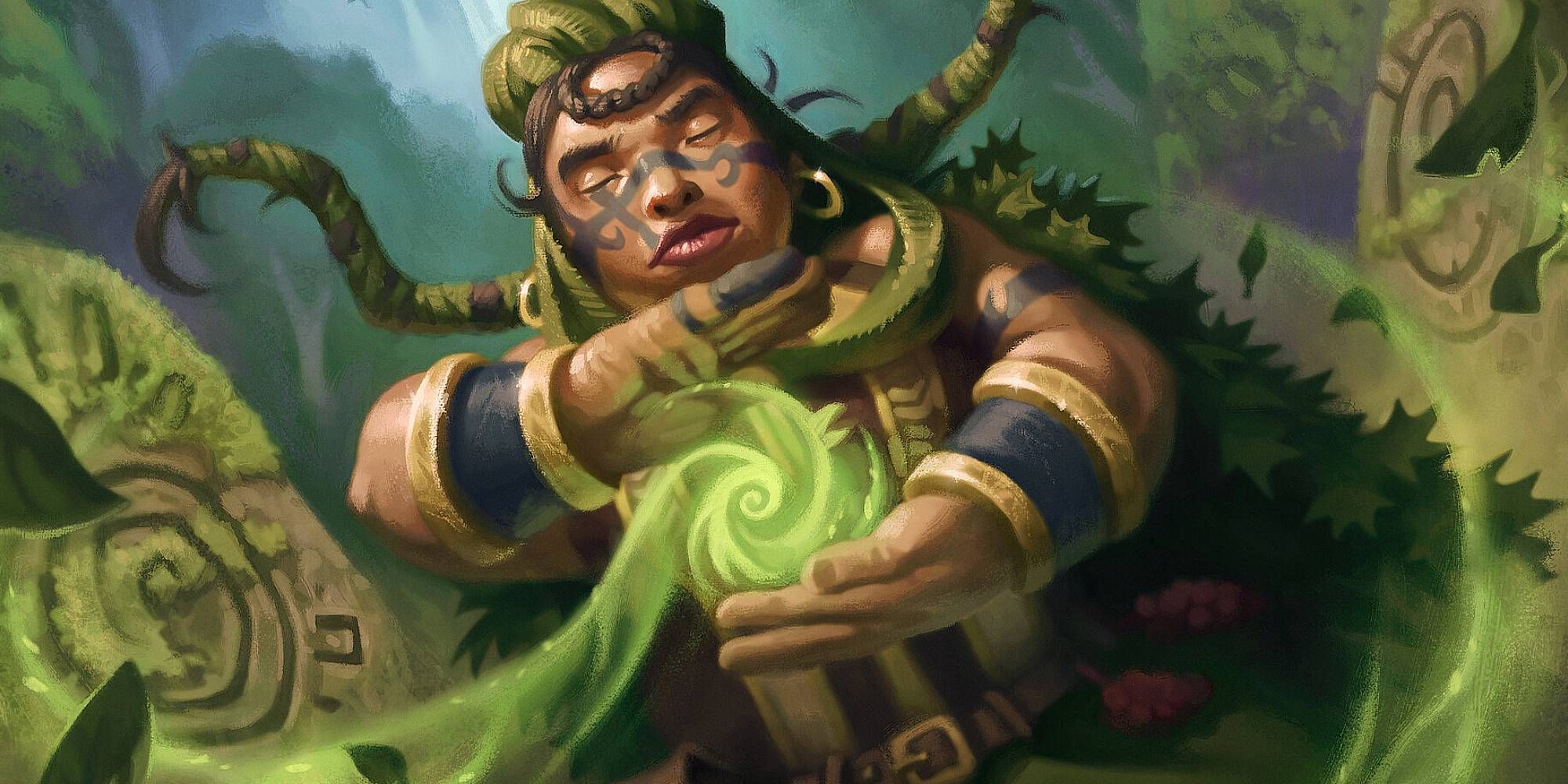 A stout tanned figure sits in a forest as green magic swirls in their hands