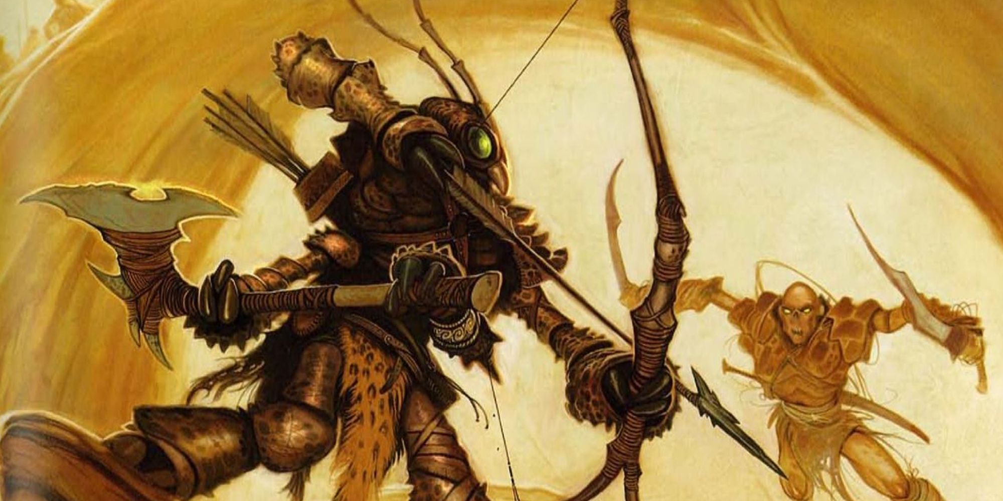 Dungeons & Dragons 4e thri-kreen warrior in the dark sun holding a bow and an axe