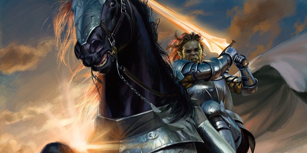 armored half orc swings a sword while riding an armored horse