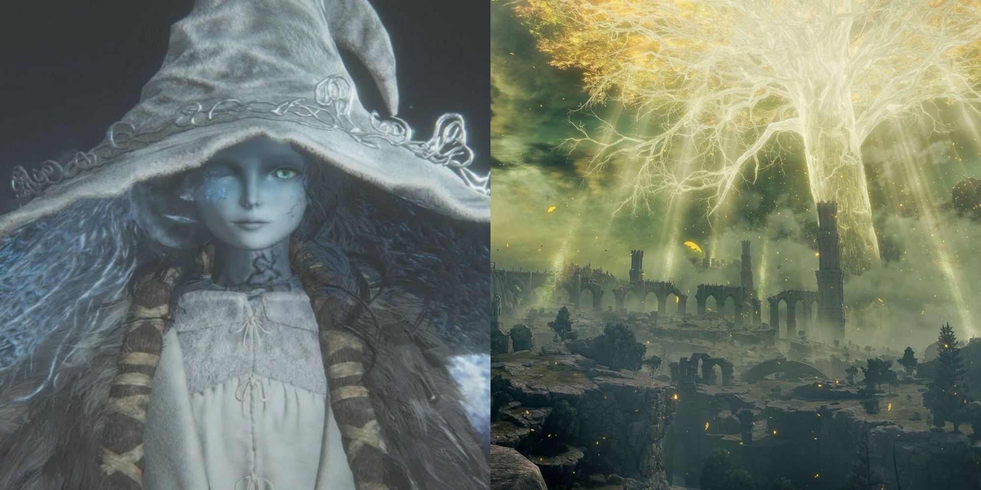 Elden Ring Ranni the witch with one eye closed, and the Erdtree seen over Limgrave