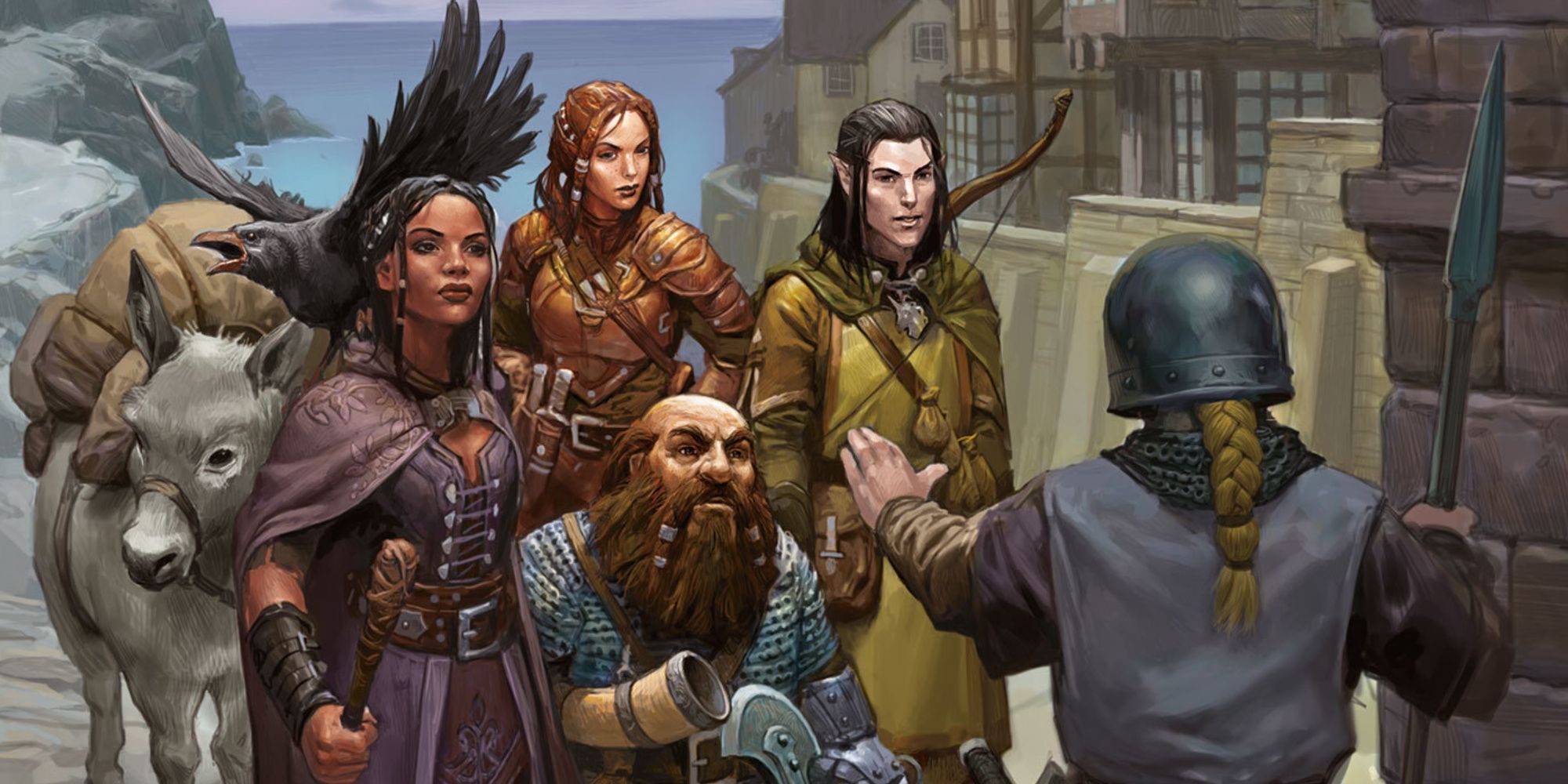 Dungeons & Dragons - Adventurers trying to enter a city get stopped by a guard at the gates