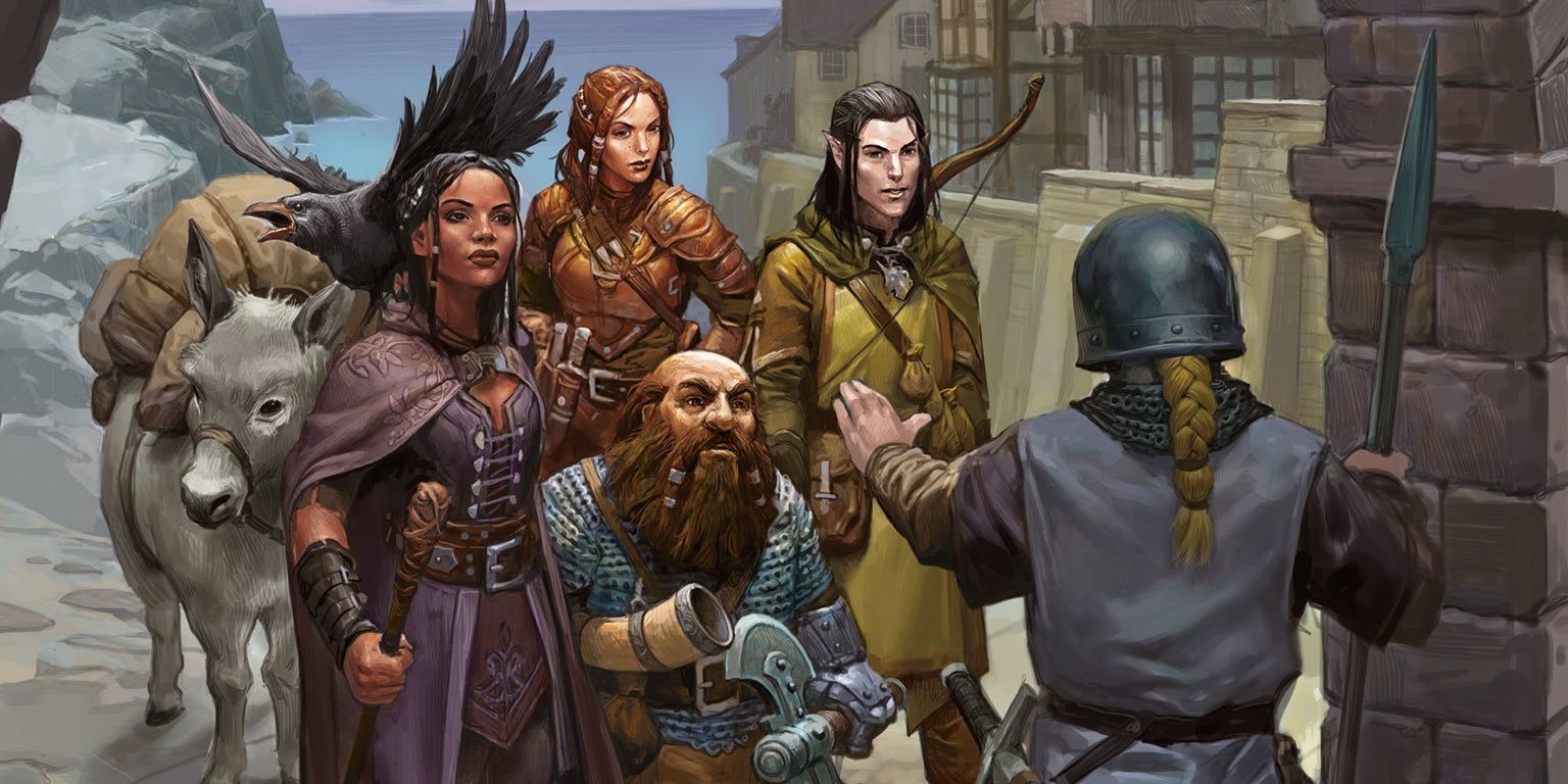 a group of five adventurers is stopped by a guard at the entrance to a seaside city