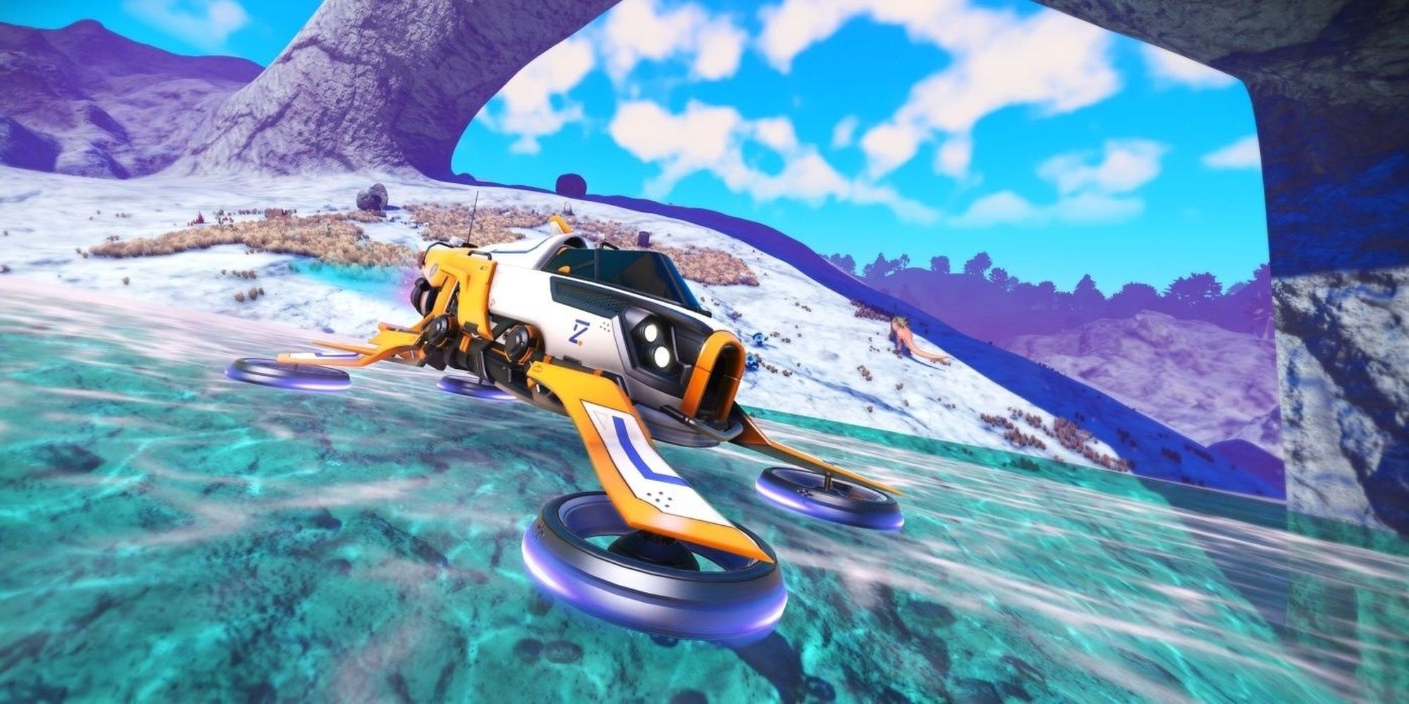 No Man's Sky: A Skimmer Exocraft Flying Across Water