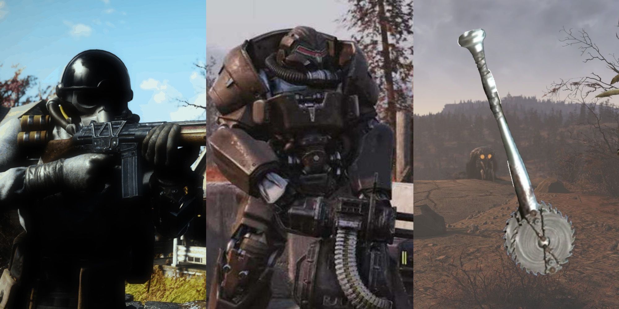 The main character aims down a rifle sight. Someone equipped in full Hellcat power armor brandishes a large Gatling gun. A melee weapon for your Bloodied build in Fallout 76.