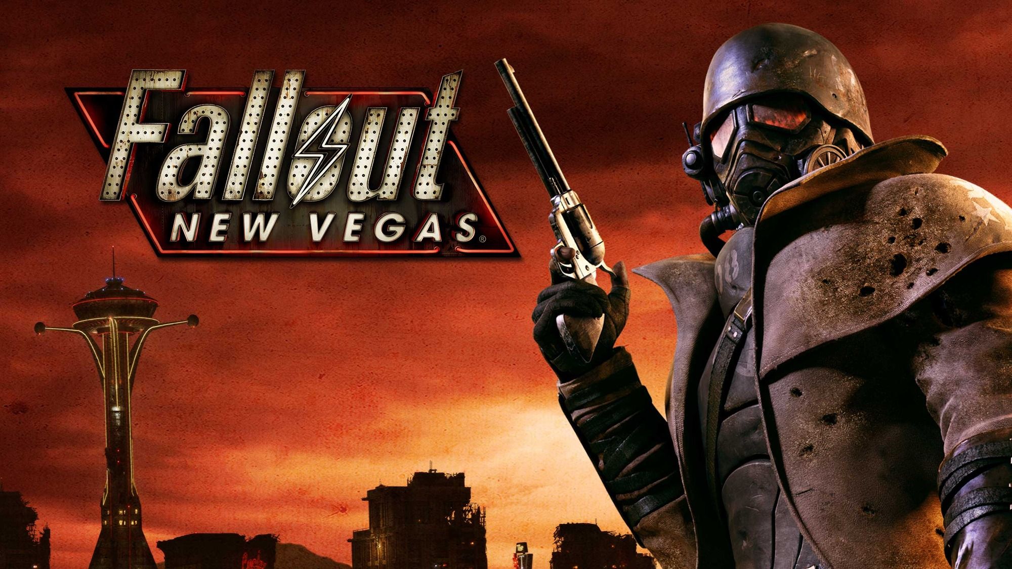 An NCR Ranger holding a revolver. The Vegas Strip is in the background.