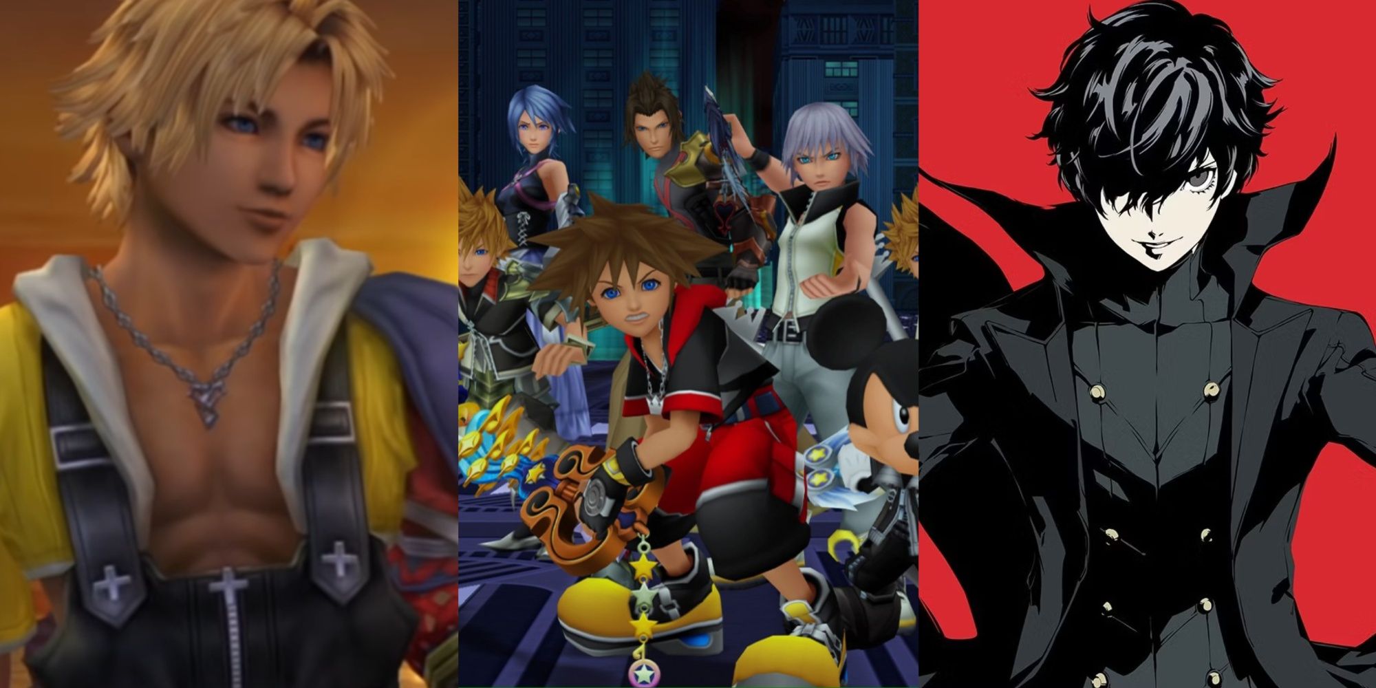 Tidus Final Fantasy 10, Sora and his friends in Kingdom Hearts, and Joker from Persona 5