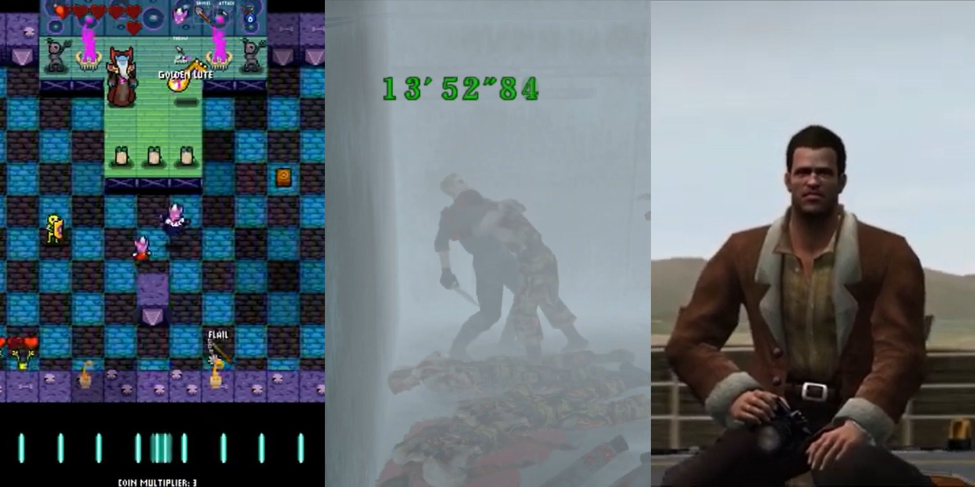 Three images side by side from left to right: Crypt of the NecroDancer final boss battle, Albert Wesker fighting a zombie, Frank West in brown coat