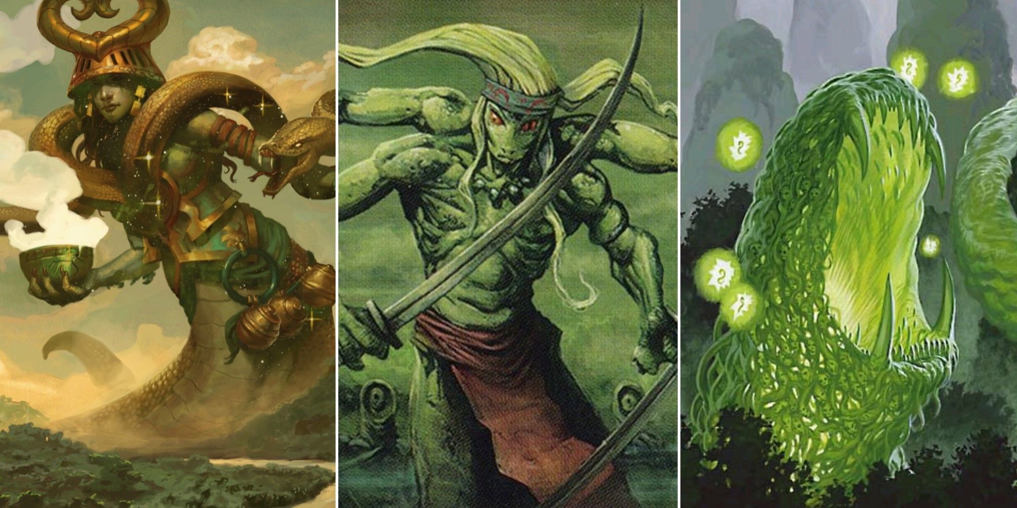 Artwork from three different legendary creatures from Magic: The Gathering