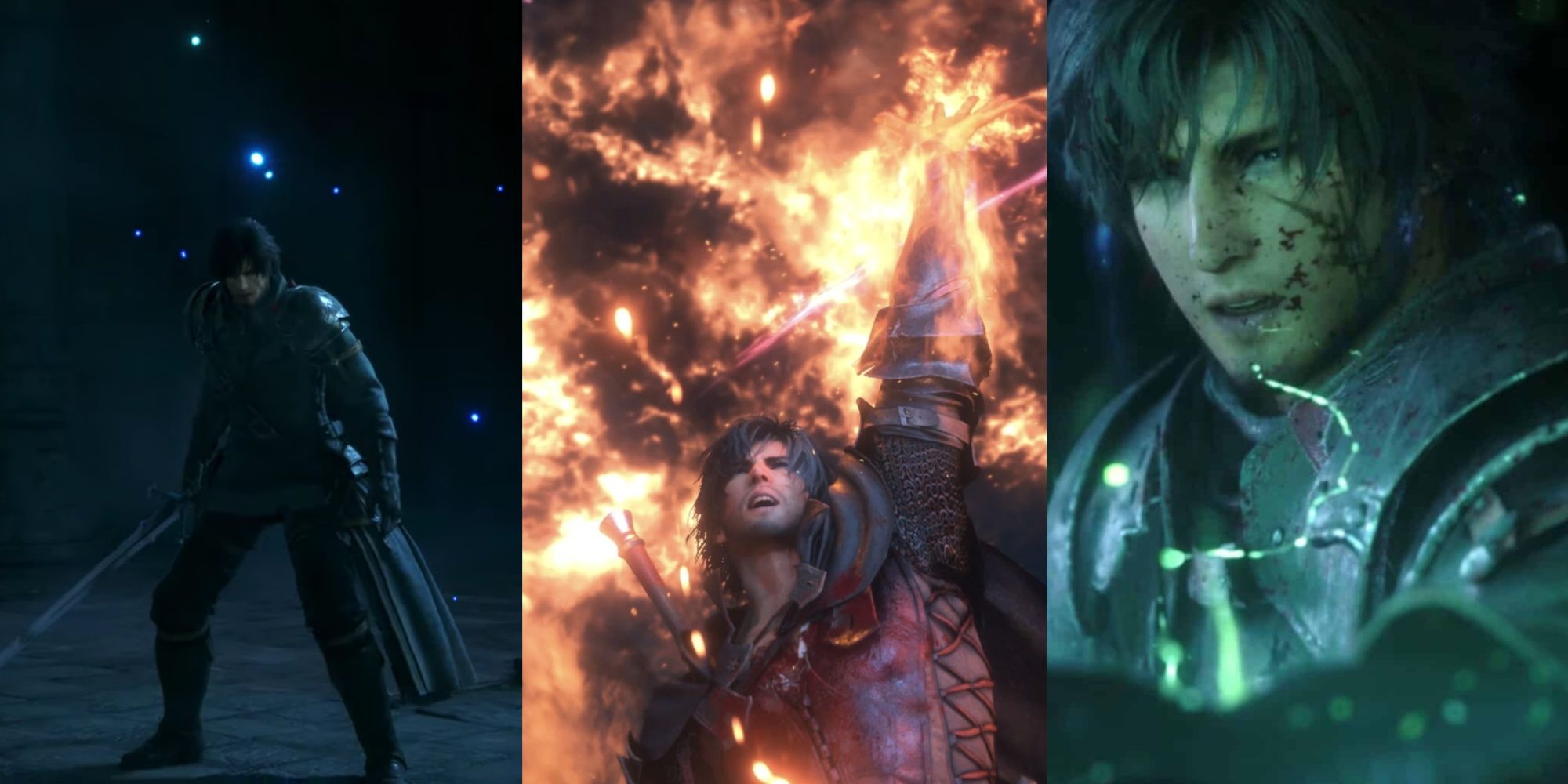 Final Fantasy 16 collage of Clive standing with his blade (left), controlling fire (center) and surrounded by green energy (right)