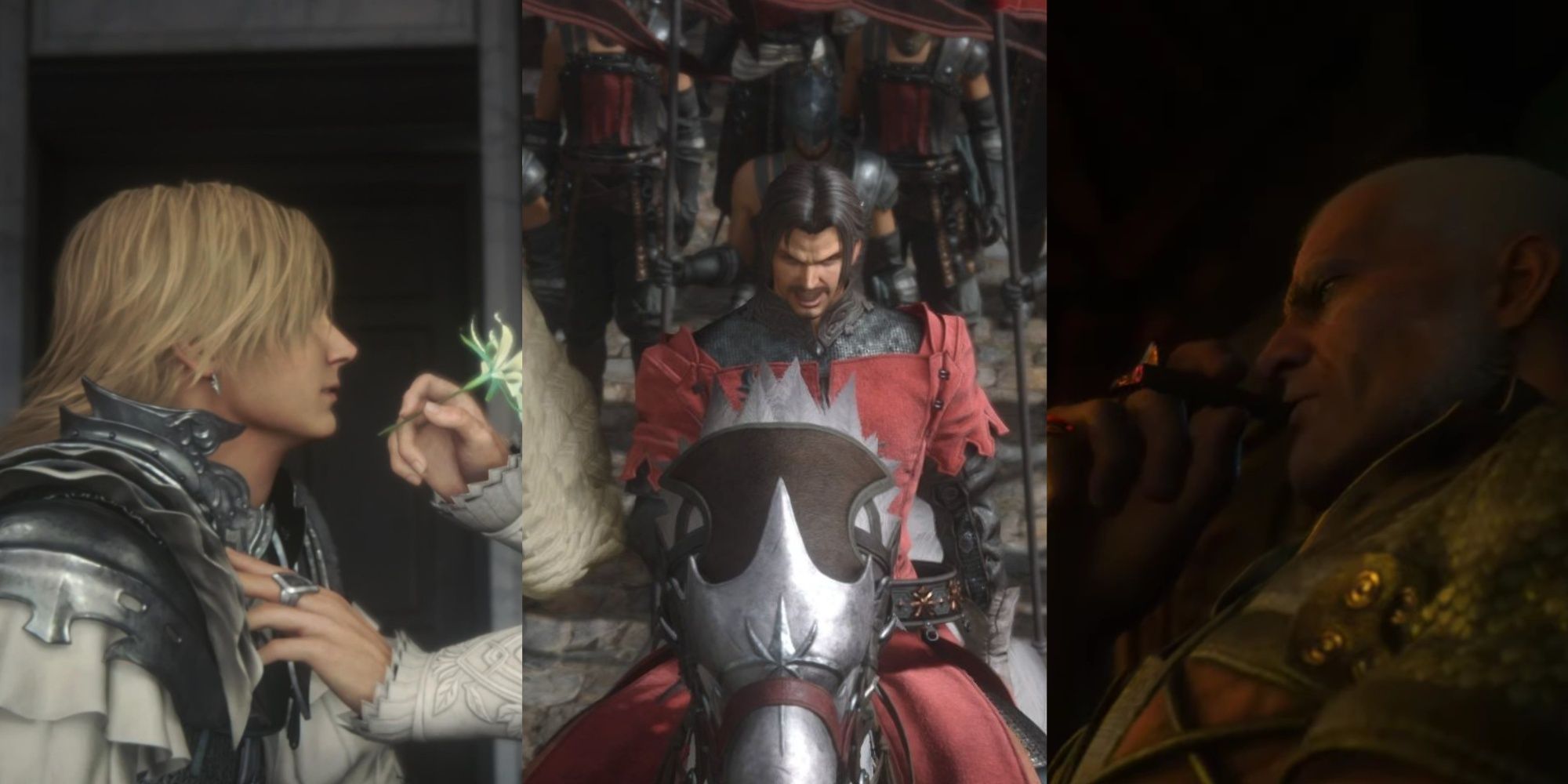 Final Fantasy 16 collage of screenshots featuring Dion Lesage (left), Elwin Rosfield (center) and Hugo Kupka (right)