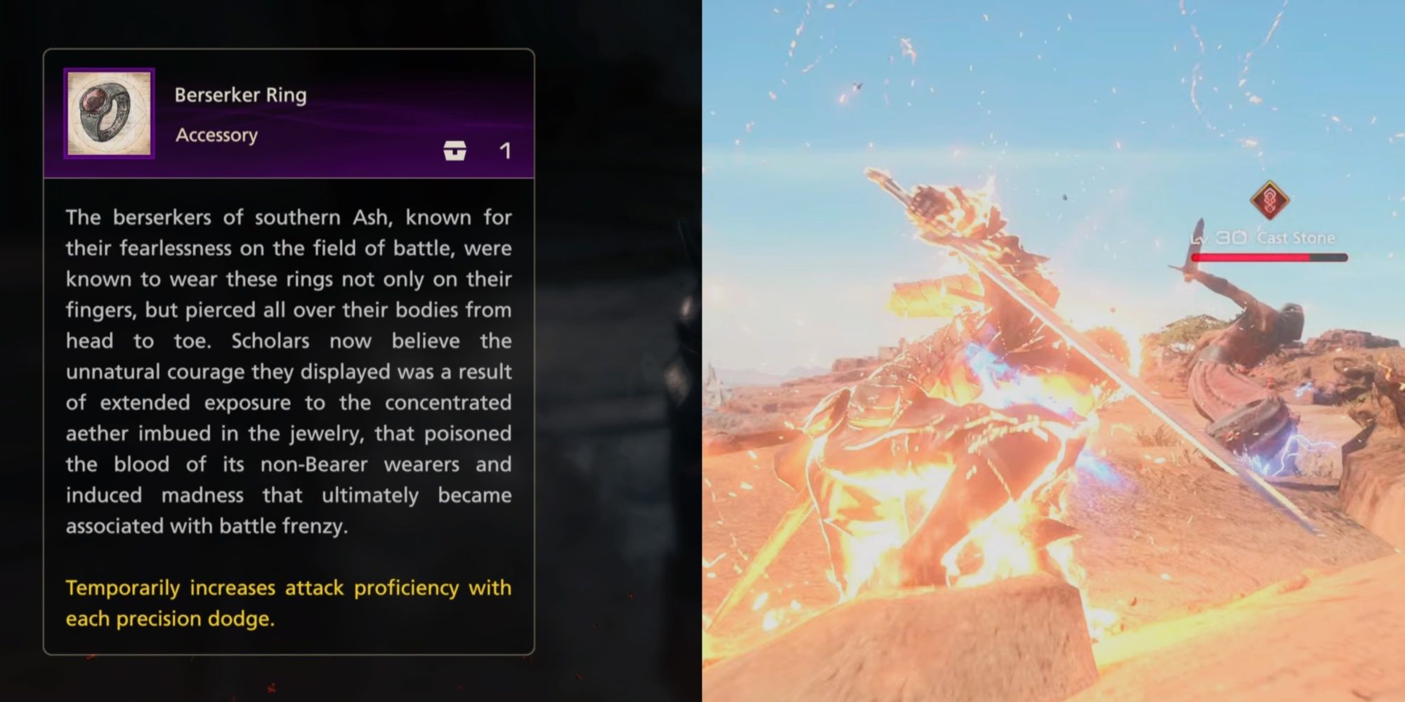 Final Fantasy 16 Screenshot der Beschreibung des Berserkerrings und Clive, der einen Feind kontert