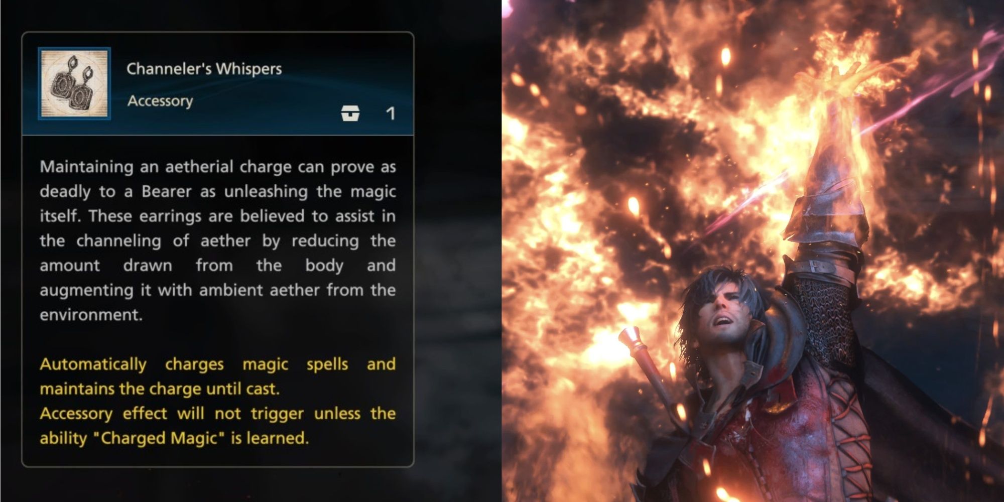 Final Fantasy 16 Screenshot von Channelers Whispers-Zubehör und Clive in Flammen