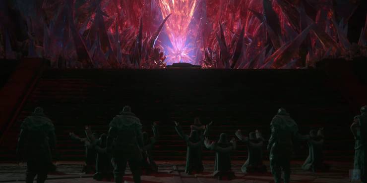 Final Fantasy 16 screenshot of Crystalline Dominion worshipping the Drake's Breath Mothercrystal