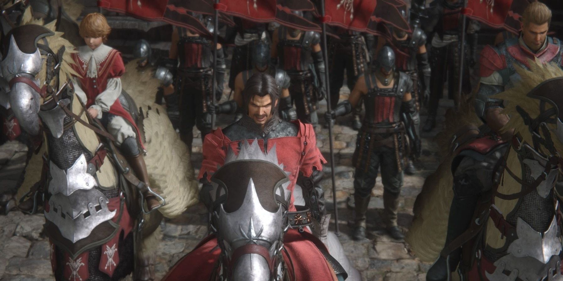 Final Fantasy 16-Screenshot von Elwin Rosfield, der Rosarias Truppen anführt