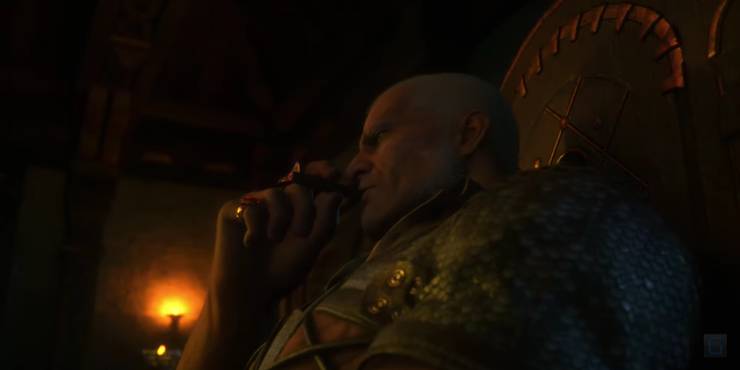Final Fantasy 16 screenshot of Hugo Kupka smoking a cigar