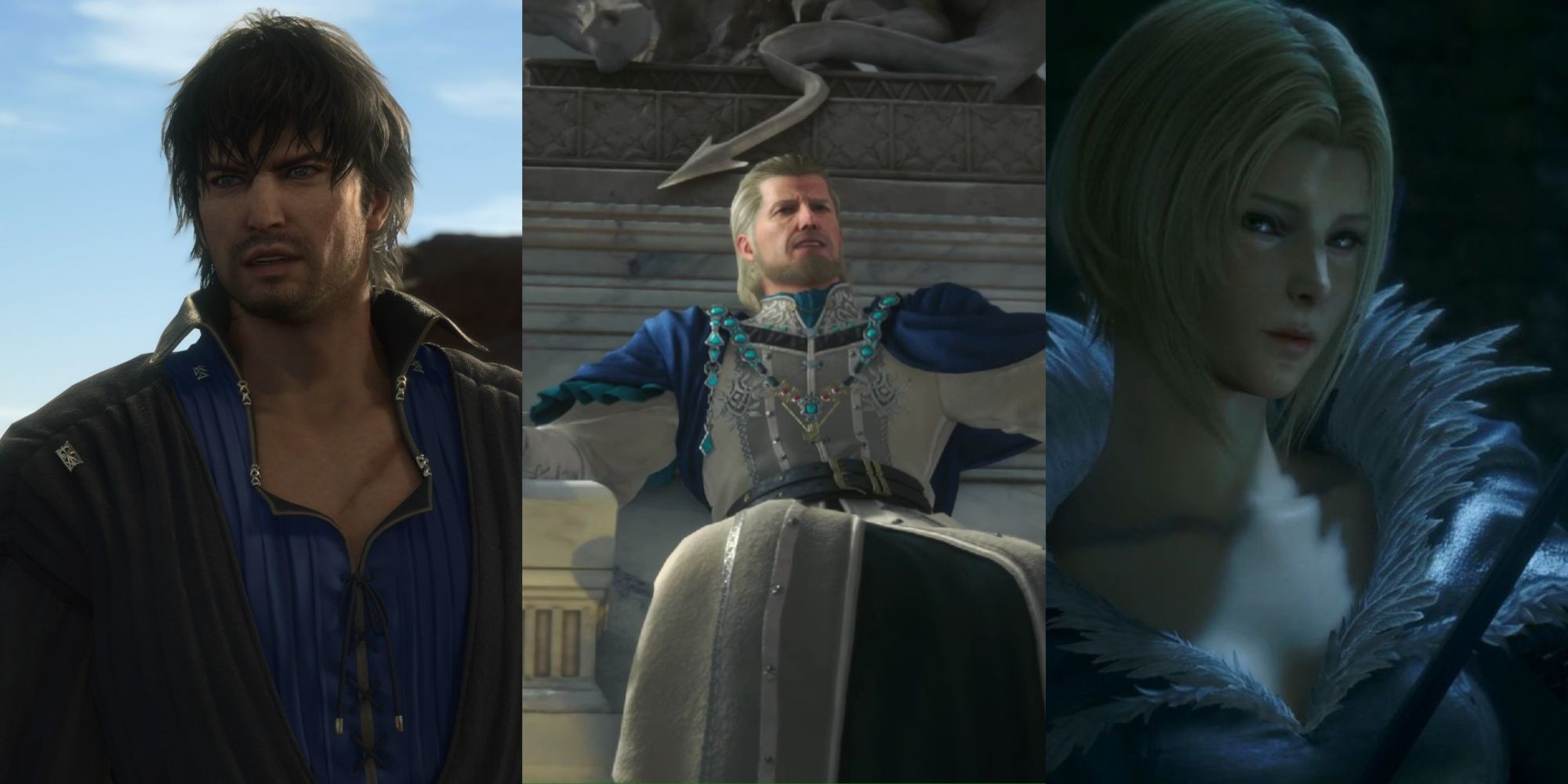 Final Fantasy 16 screenshots of Barnabas Tharmr (left), Sylvestre Lesage (center), and Benedikta (right).
