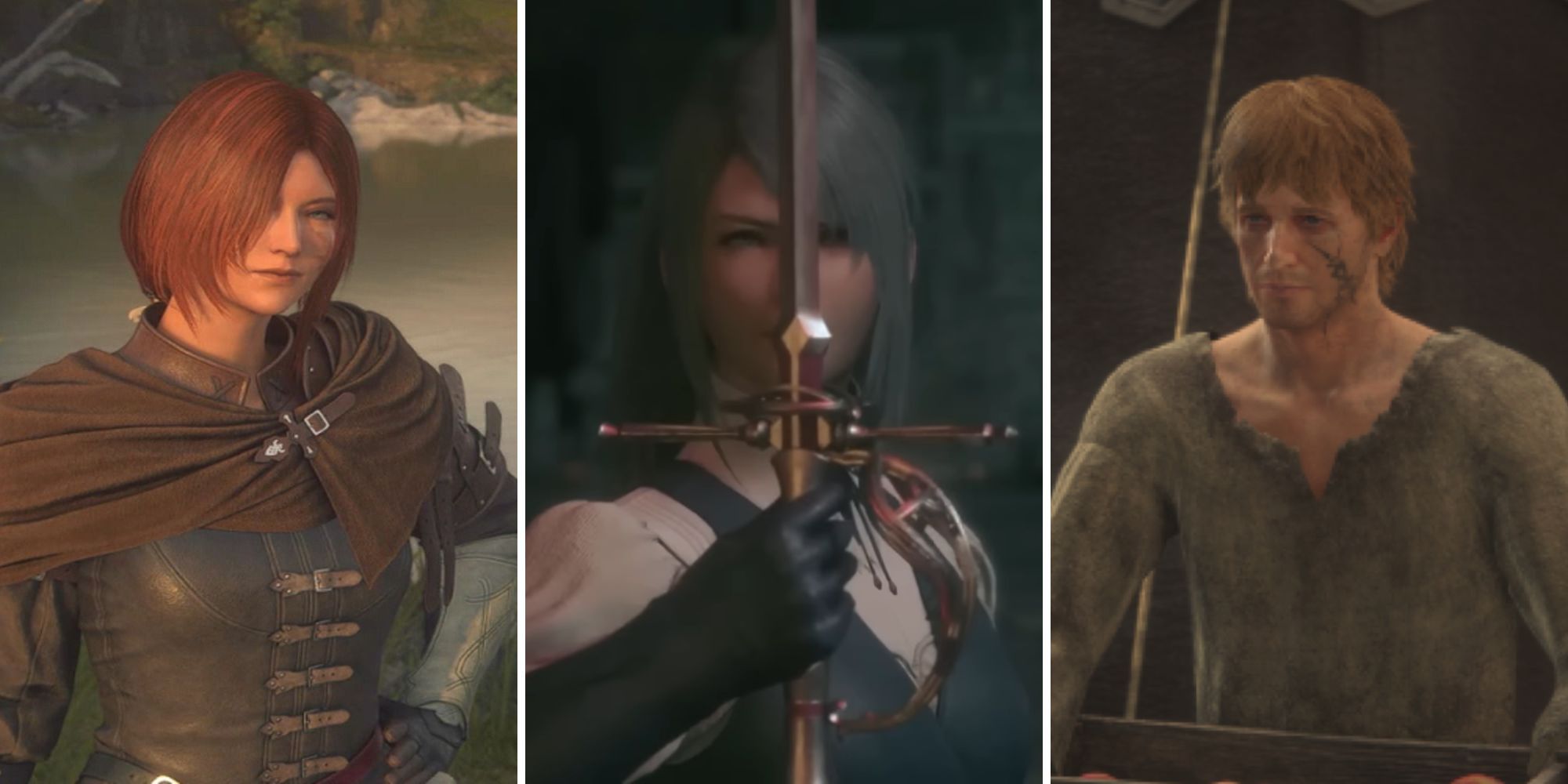 Final Fantasy 16 Tarja stands by water, Jill holds her sword by her face, a Bearer holds a box