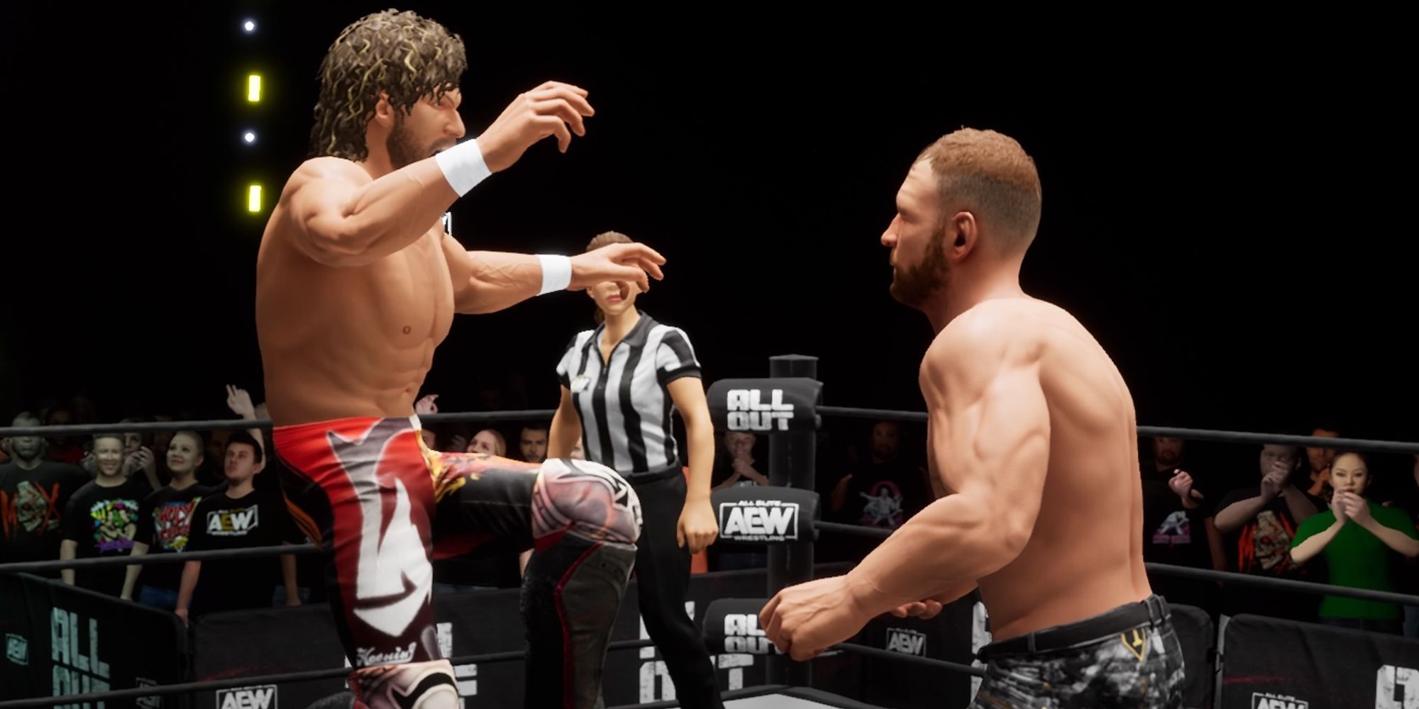 Kenny Omega leaps at Jon Moxley to land the V Trigger, one of his secondary finishing moves, in AEW Fight Forever.