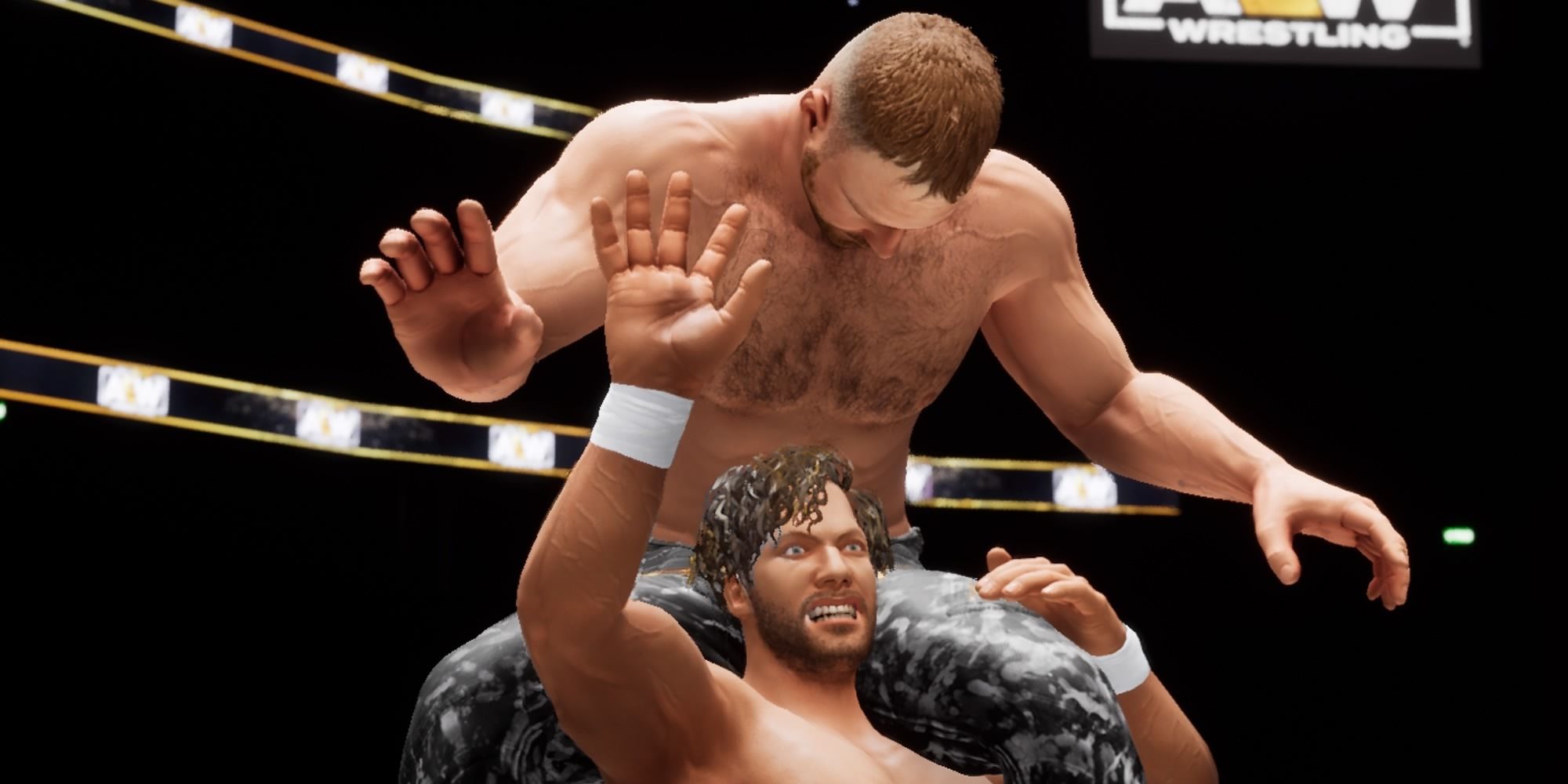 Kenny Omega lifts Jon Moxley up to hit his One-Winged Angel finishing move in AEW Fight Forever.