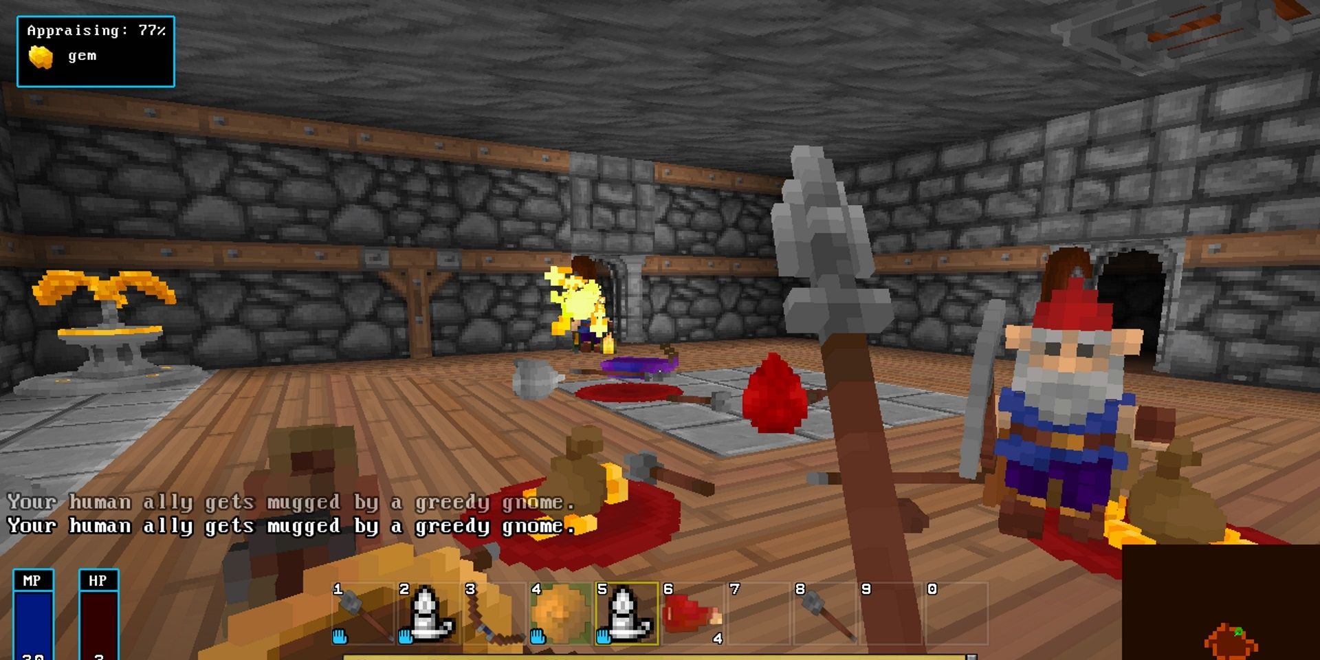 First-person view holding a weapon against a gnome with other enemies dead on the floor