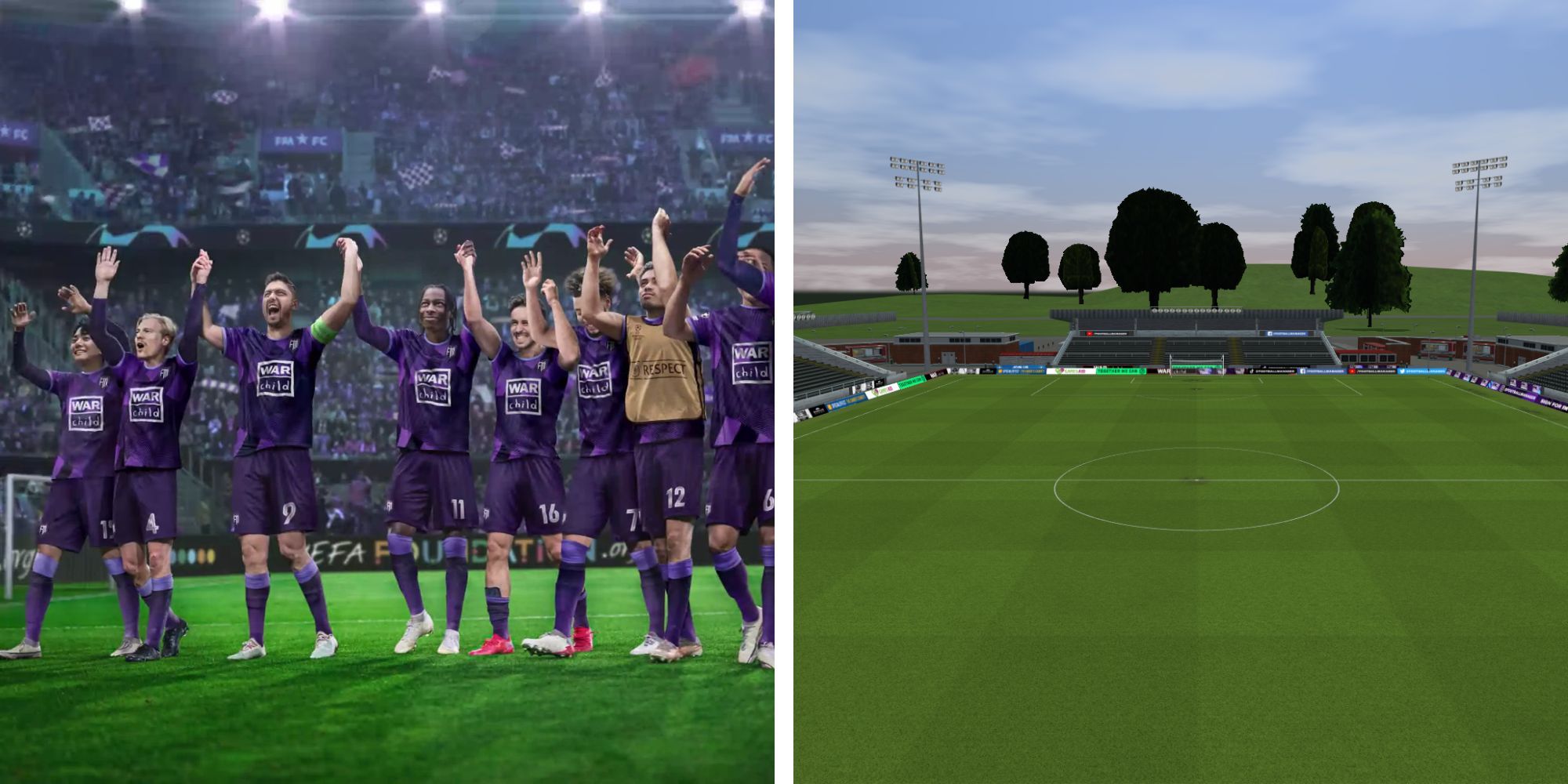 Football Manager 2023's intro screen (left) and a football pitch's aerial shot (right).