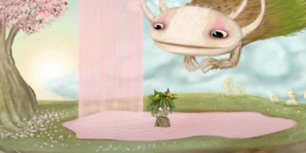 A wooden character in a pond of pink water is observed by a giant flying salamander