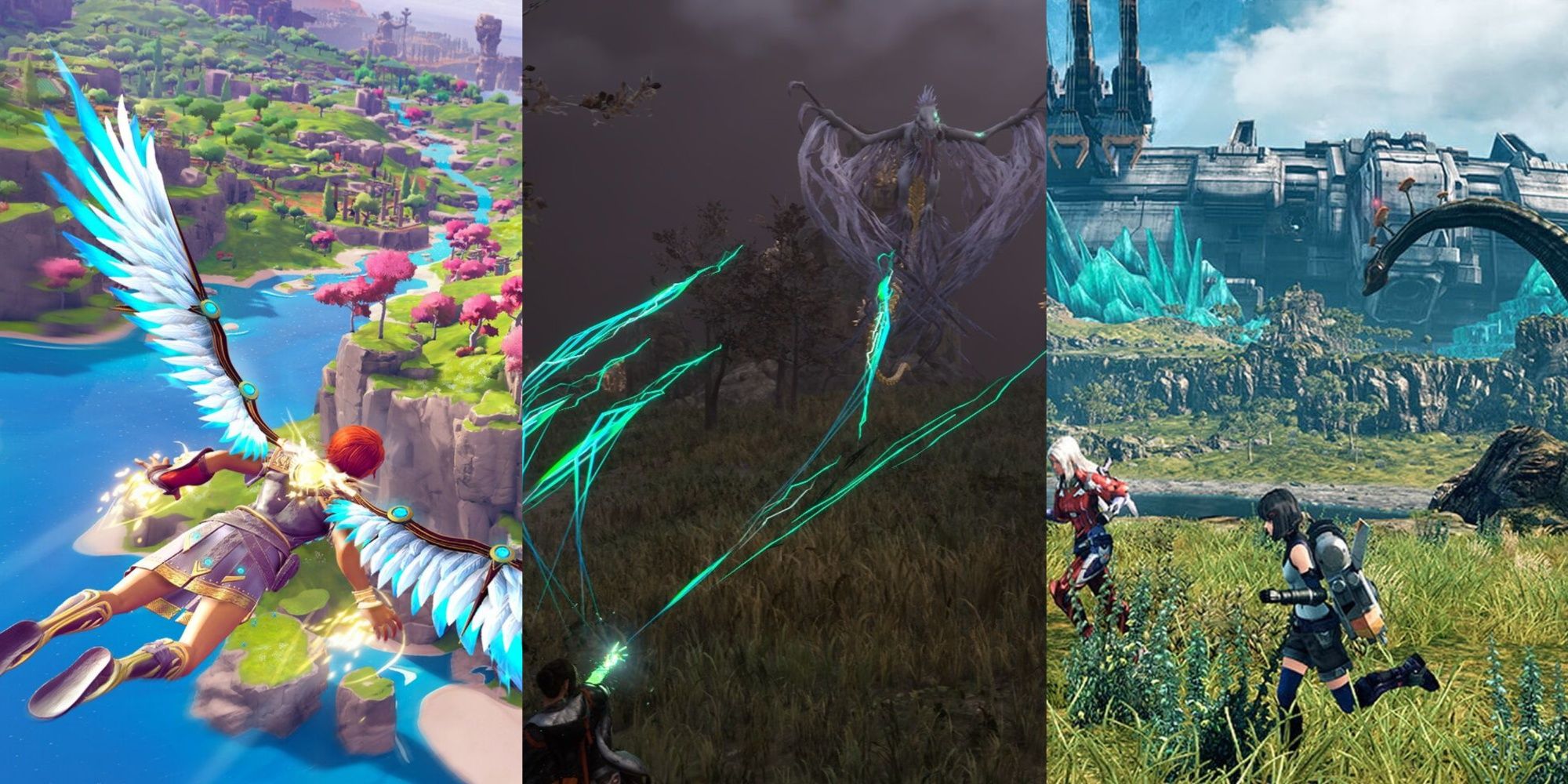 A collage showing gameplay from Immortal Fenyx Rising, Forspoken, and Xenoblade Chronicles 3.