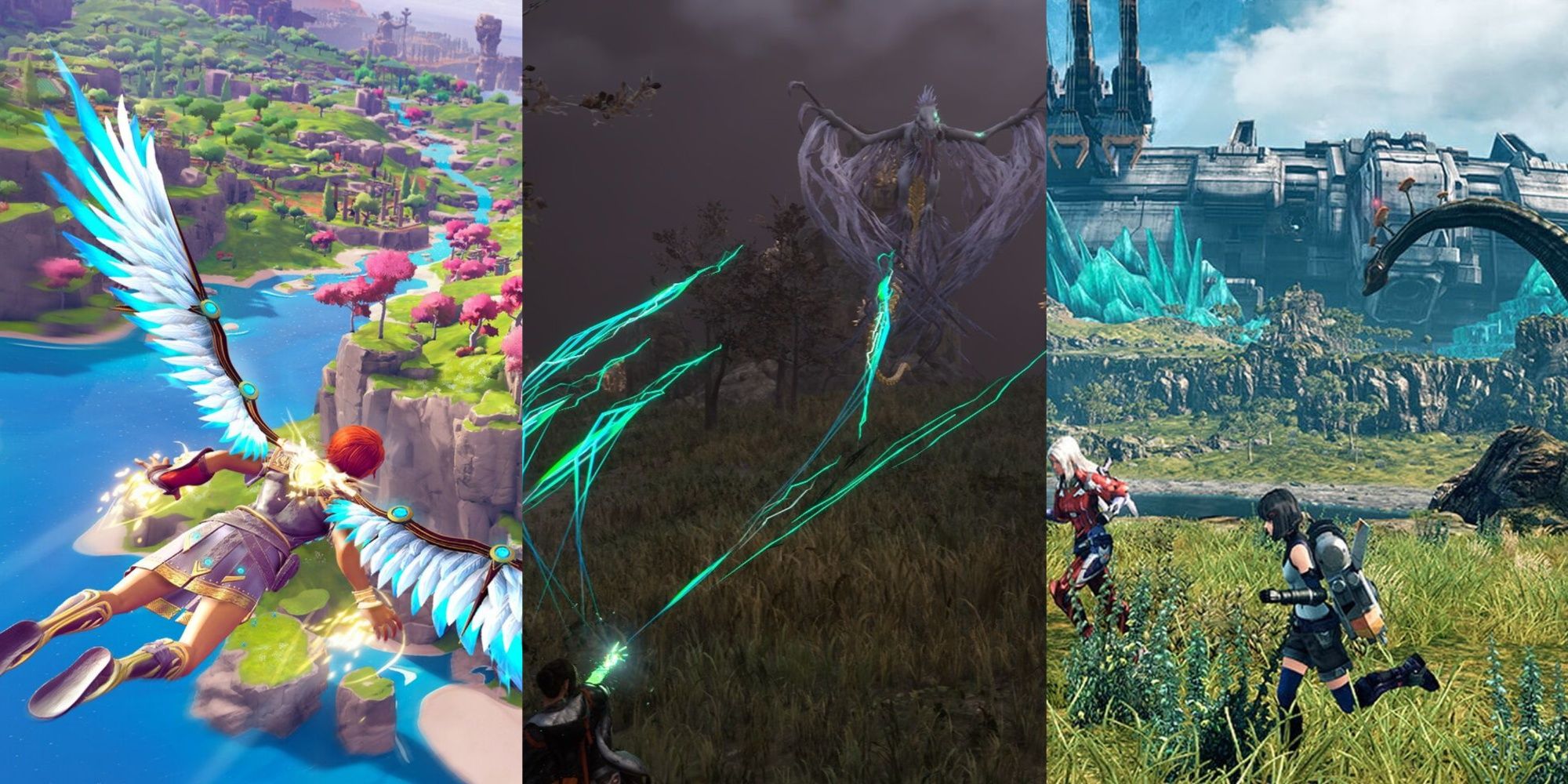 A collage showing gameplay from Immortal Fen Rising, Forspoken, and Xenoblade Chronicles 3.