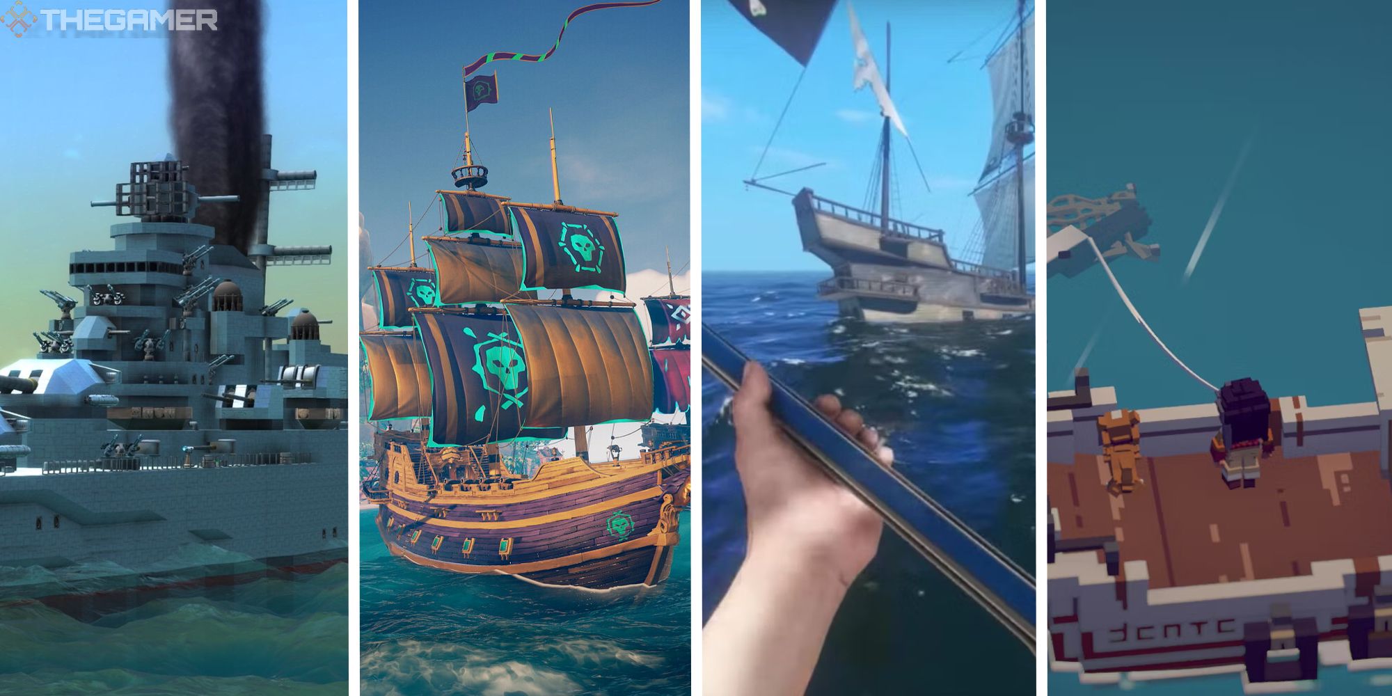 split image showing screenshots from four ship sailing games