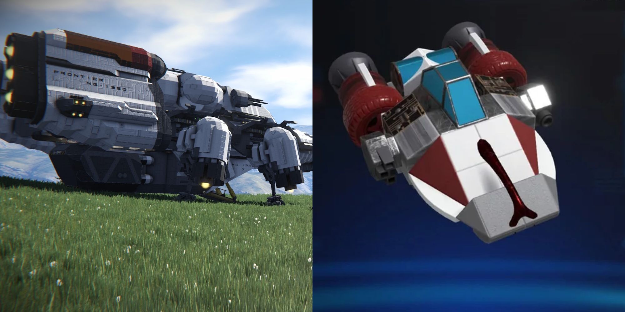 Split image of primarily red and white spacehips from Space Engineers and Kingdom Hearts.