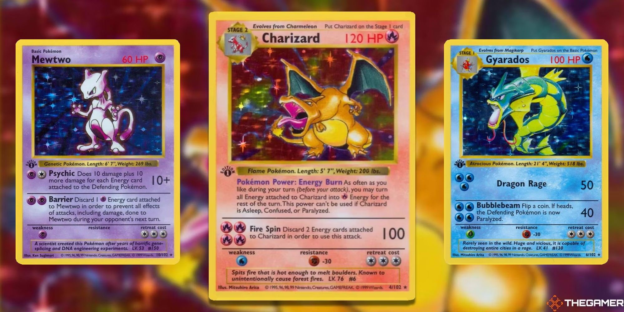 Mewtwo, Charizard, and Gyarados cards on a Charizard background