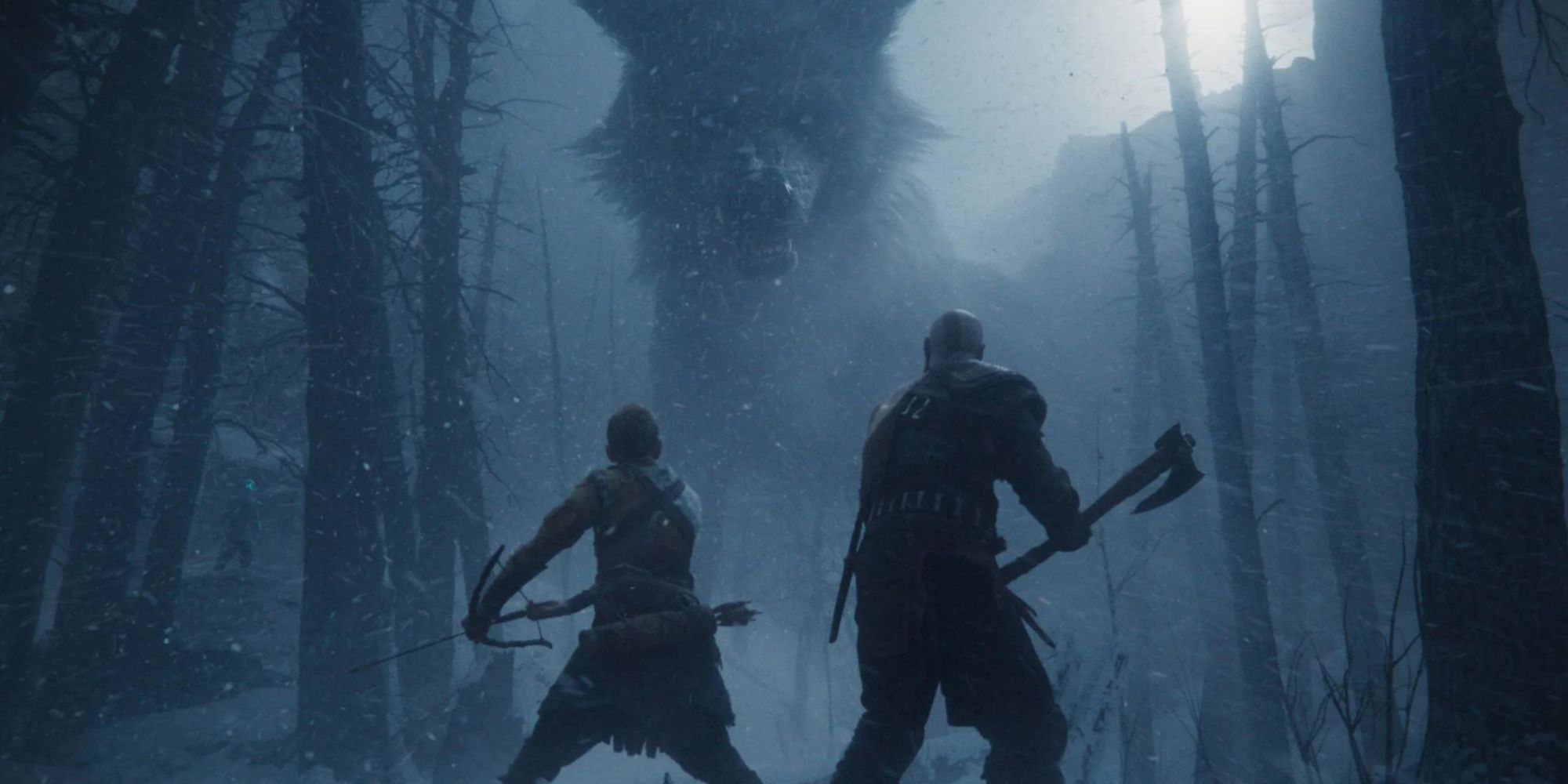 Kratos and Atreus face a giant wolf in a snowy forest