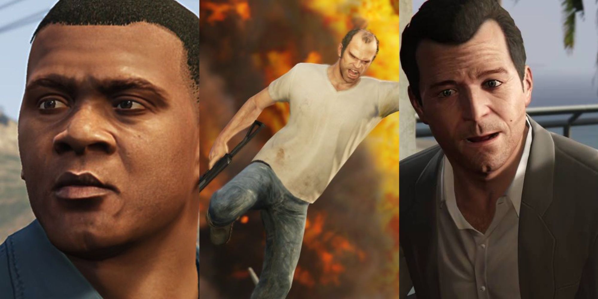 Grand Theft Auto 5 Best Quotes Featured Split Image Franklin, Trevor, and Michael