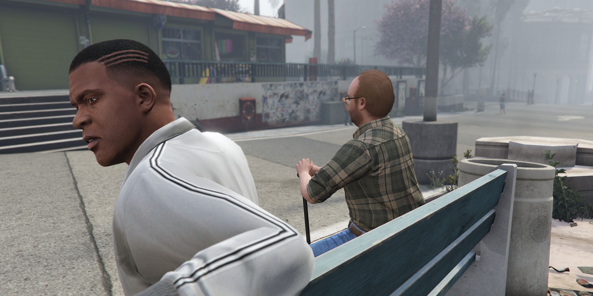 Grand Theft Auto 5 Screenshot Of Franklin Sitting On Bench With Lester