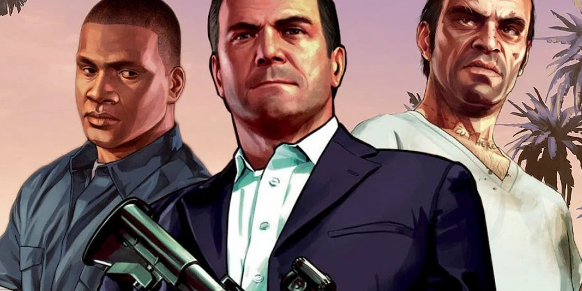 Franklin, Michael with an assault rifle, and Trevor stand in front of some palm trees in Grand Theft Auto 5.