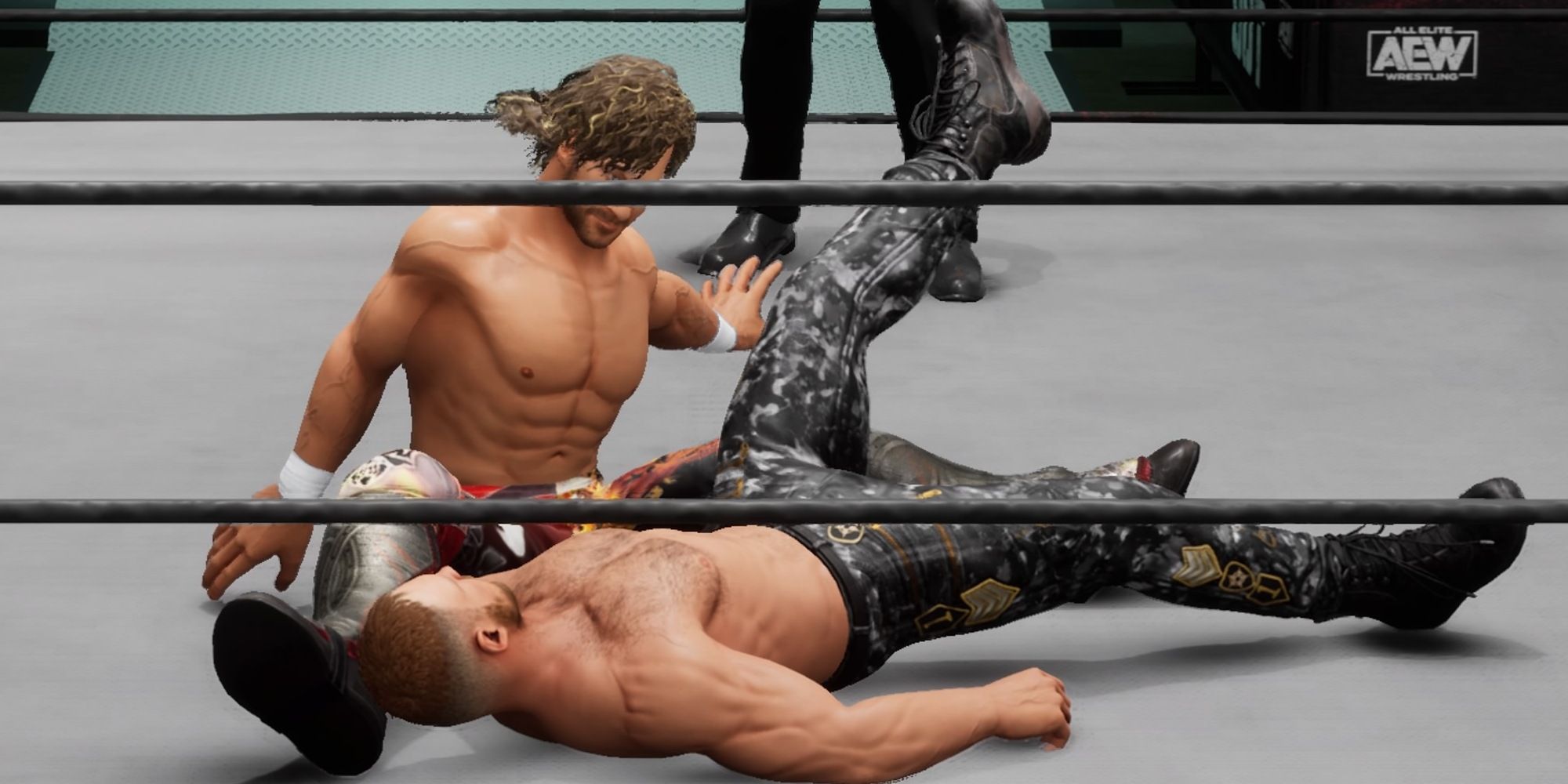 Kenny Omega pins Jon Moxley after landing the One-Winged Angel, allowing the Grit skill to roll for Moxley to see if he'll kick out in AEW Fight Forever.