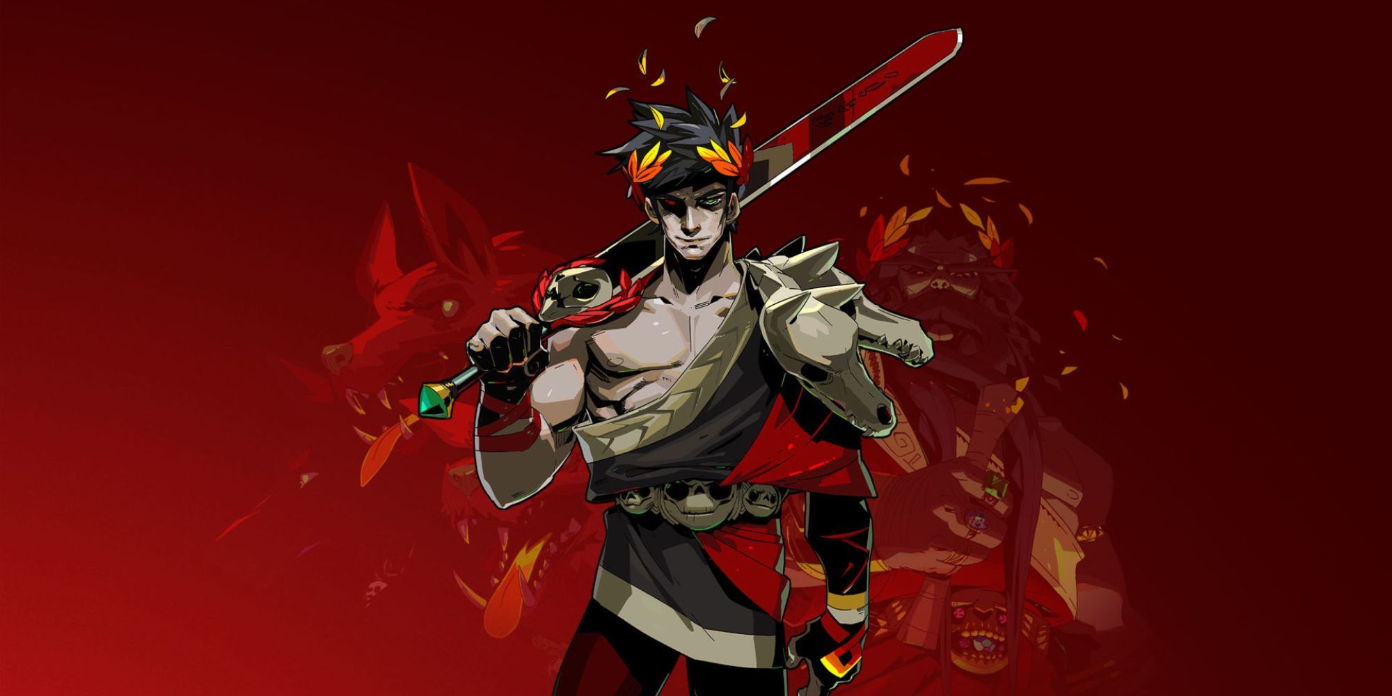 Hades - Zagreus standing in front of a bright red background holding a longsword in his right hand resting over his right shoulder