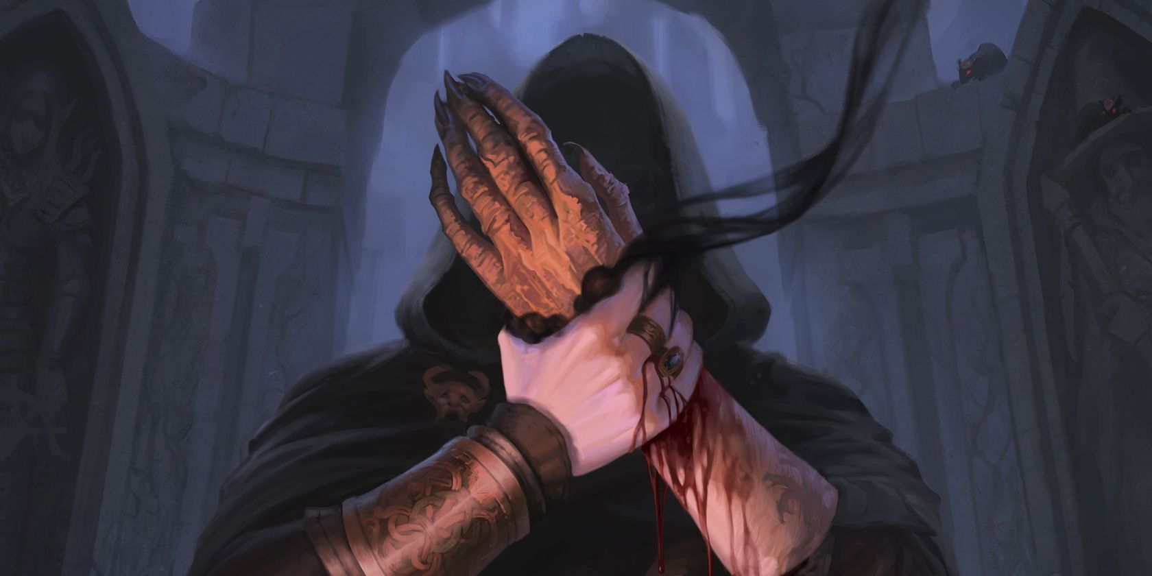 hooded figure holding their bloody wrist as they attach a decrepit looking hand to it