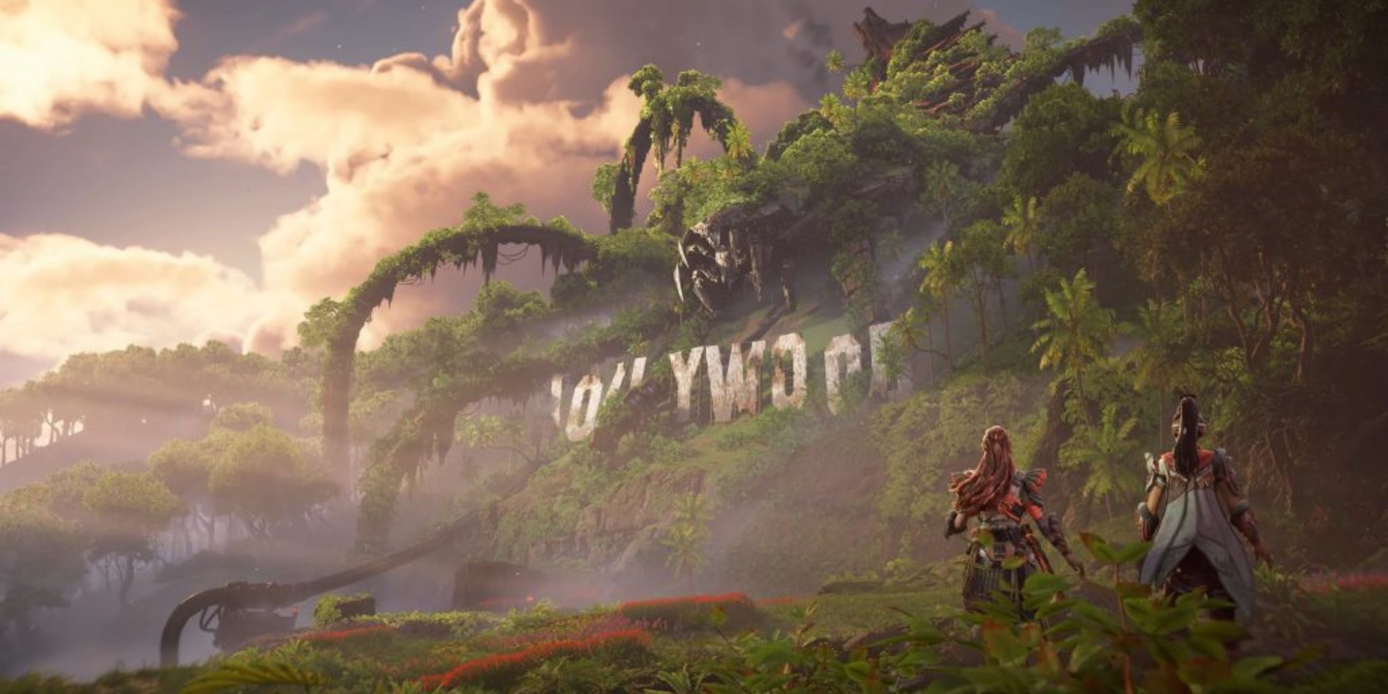 Aloy and Seyka stand beneath an overgrown Hollywood sign