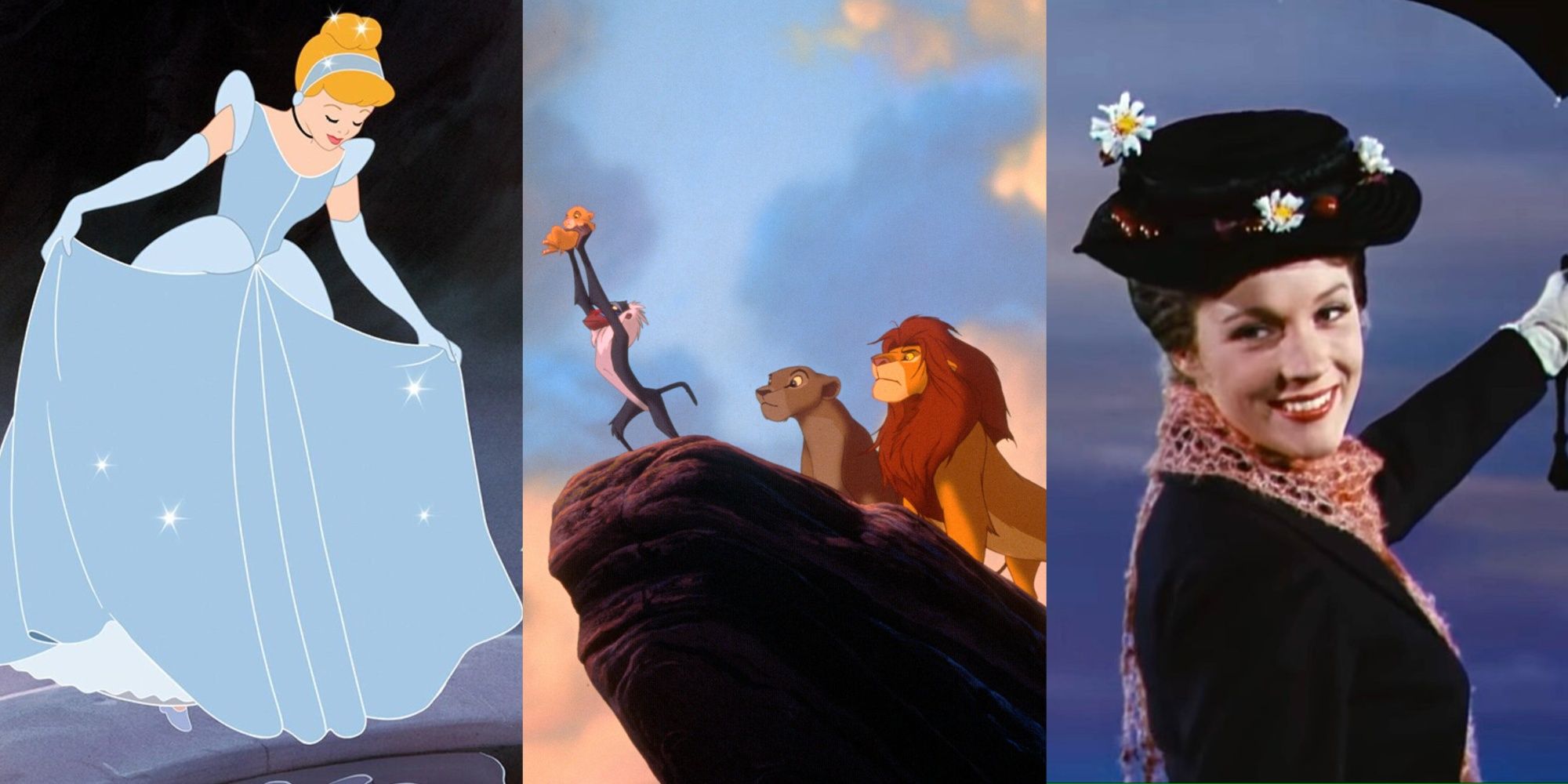 How Many Disney Movies Featured Split Image Cinderella, Lion King, and Mary Poppins